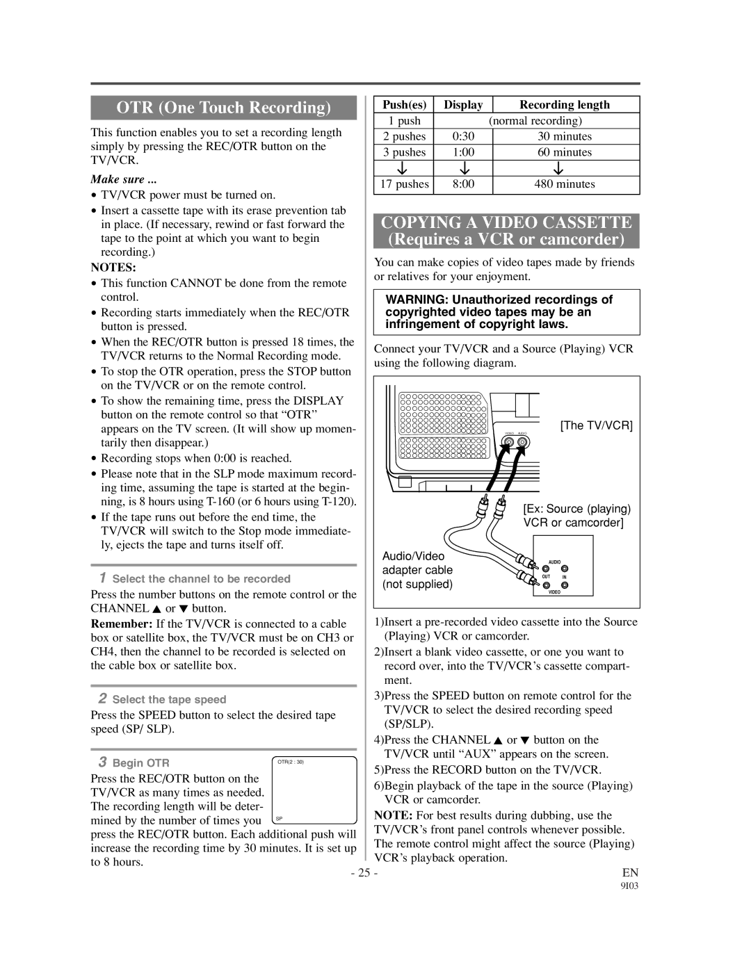 Sylvania 6313CCC, 6319CCC owner manual Pushes Display Recording length, Tv/Vcr, Sp/Slp 