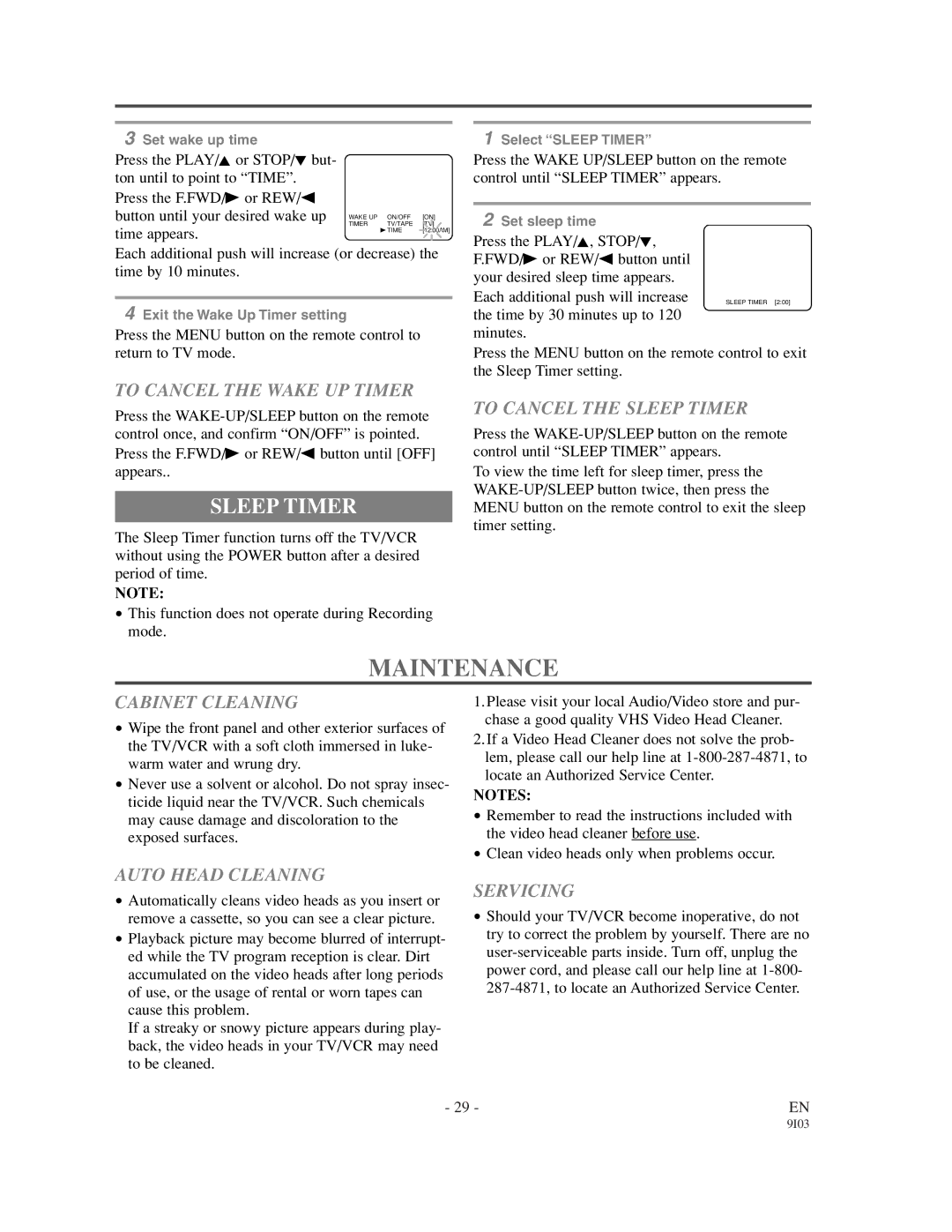 Sylvania 6313CCC, 6319CCC owner manual Maintenance, Sleep Timer 