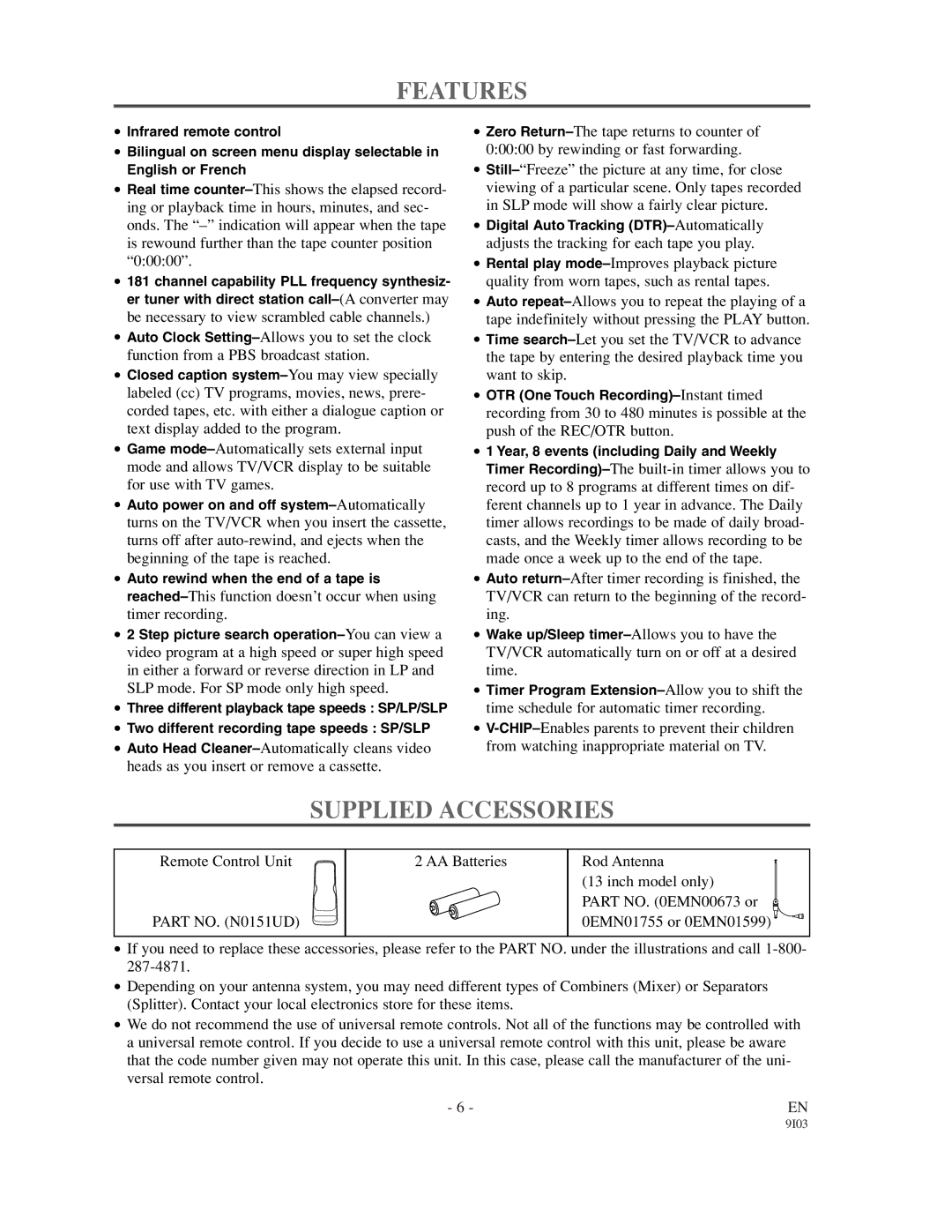 Sylvania 6319CCC, 6313CCC owner manual Features, Supplied Accessories 