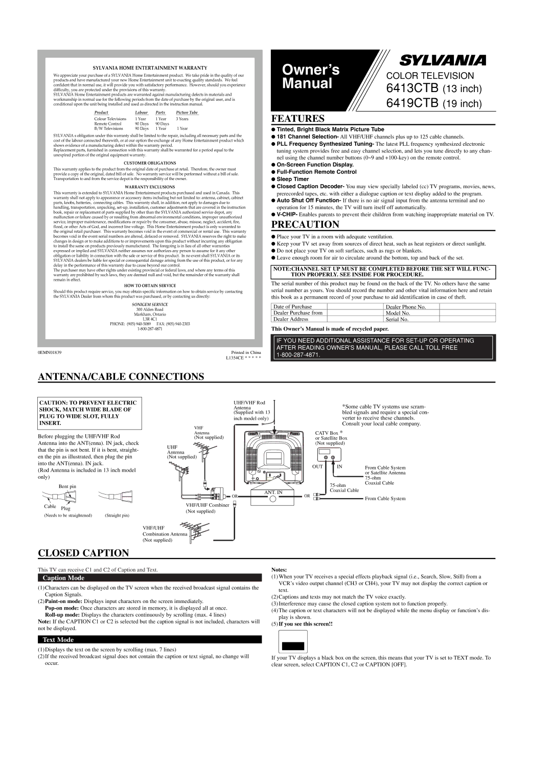 Sylvania 6413CTB, 6419CTB owner manual Owner’s, Manual 