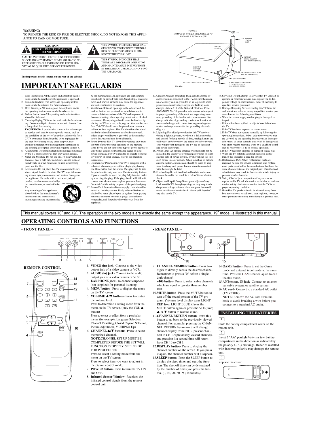 Sylvania 6413CTB, 6419CTB Important Safeguards, Operating Controls and Functions, Front Panel Rear Panel, Remote Control 