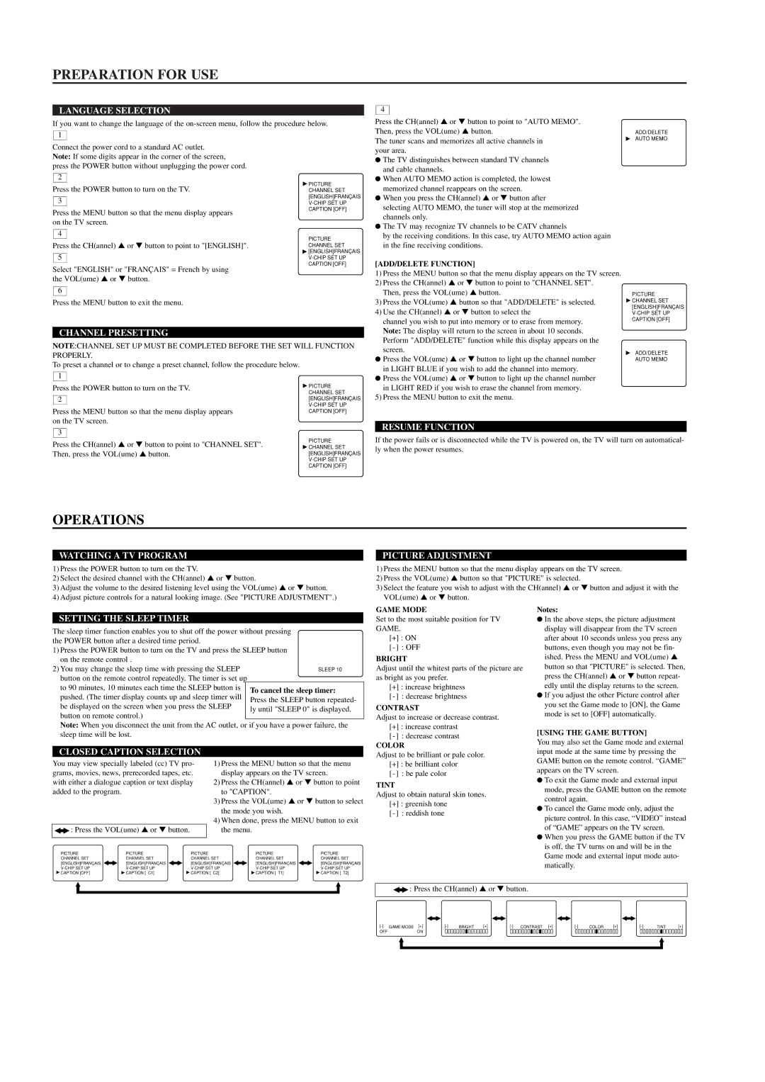 Sylvania 6413CTB, 6419CTB owner manual Preparation for USE, Operations 