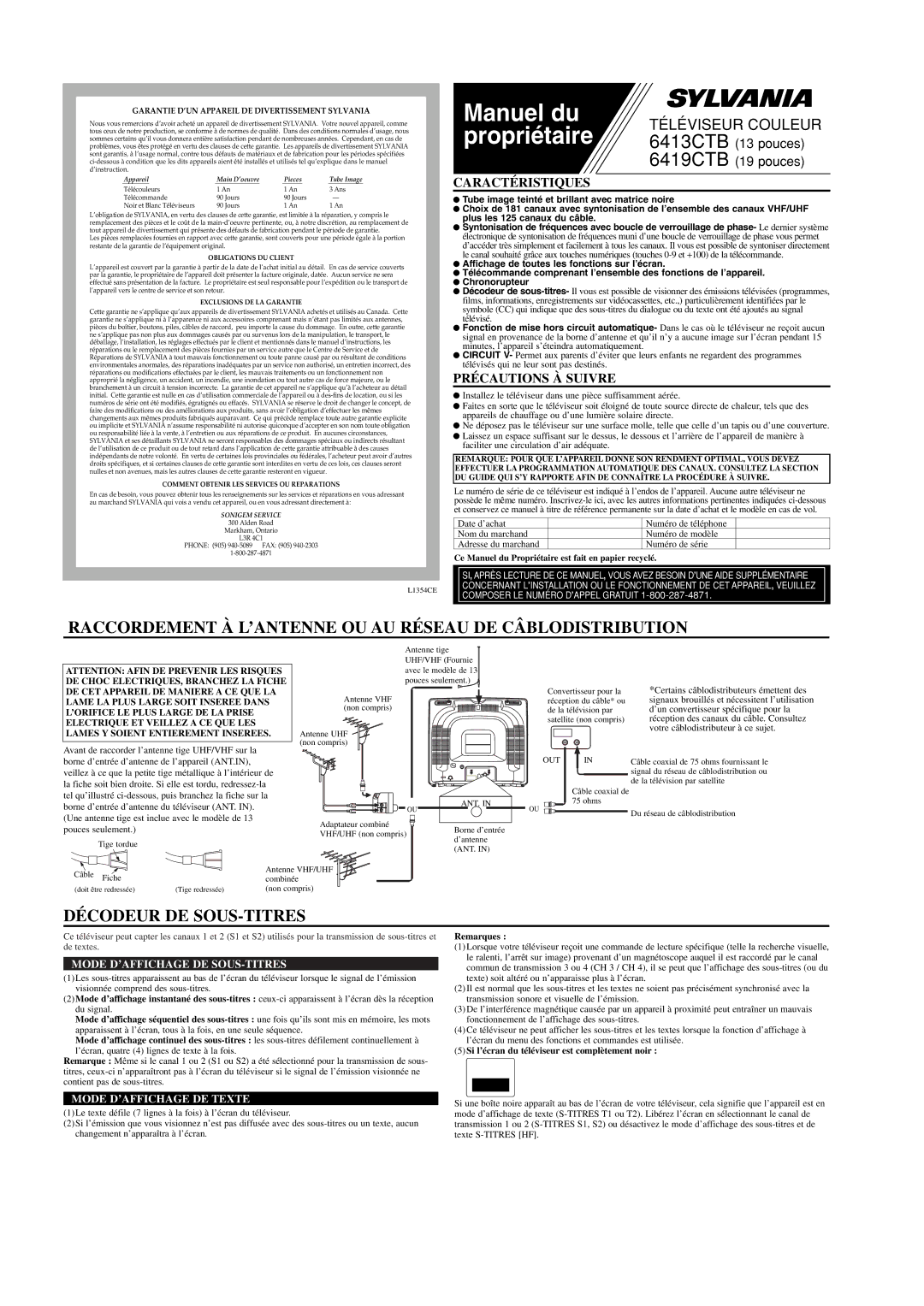 Sylvania 6413CTB, 6419CTB owner manual Manuel du, Propriétaire 6413CTB 13 pouces, Décodeur DE SOUS-TITRES 