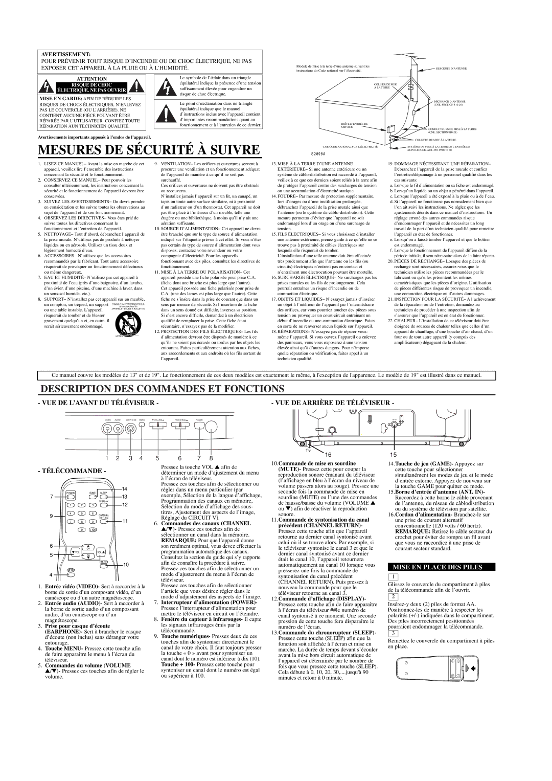 Sylvania 6413CTB, 6419CTB owner manual Mesures DE Sécurité À Suivre, Description DES Commandes ET Fonctions, Télécommande 