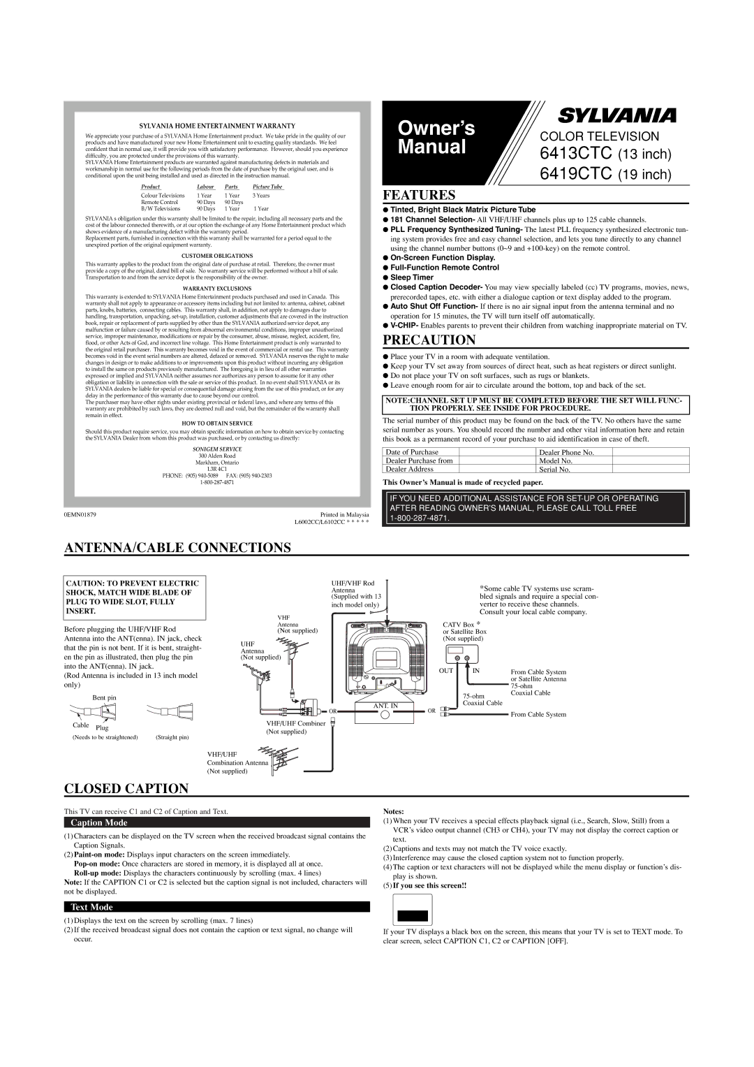 Sylvania 6413CTC, 6419CTC owner manual Features, Precaution, ANTENNA/CABLE Connections, Closed Caption 