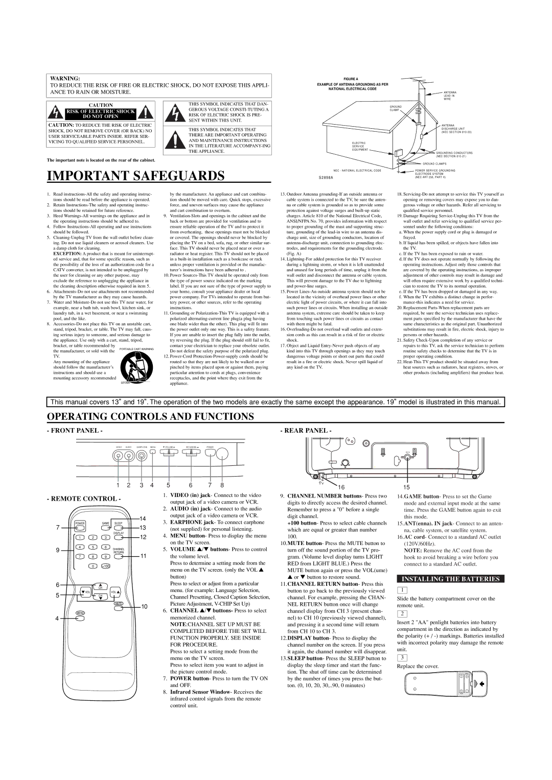 Sylvania 6413CTC, 6419CTC Operating Controls and Functions, Installing the Batteries, Completed Before the SET will 