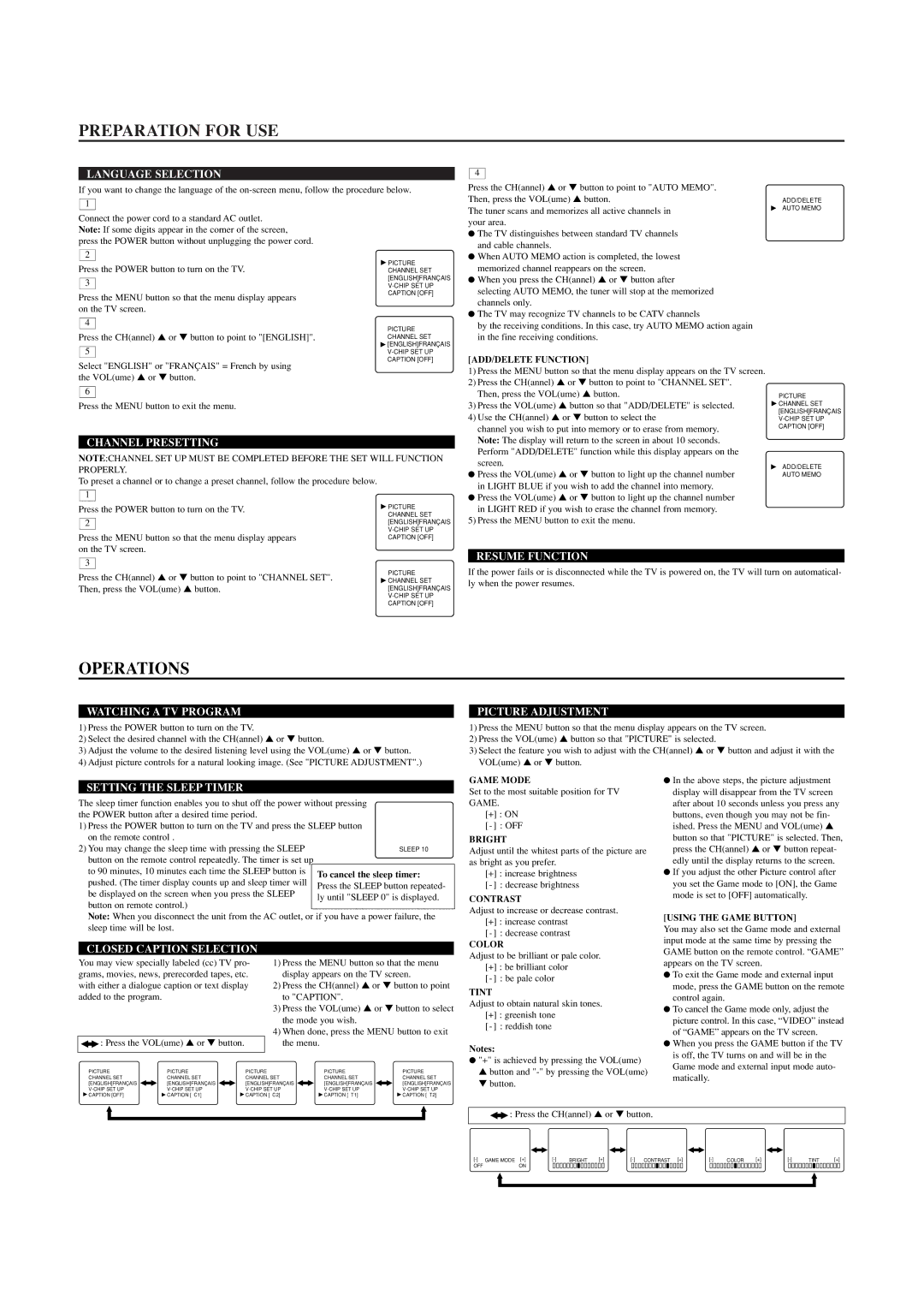 Sylvania 6413CTC, 6419CTC owner manual Preparation for USE, Operations 