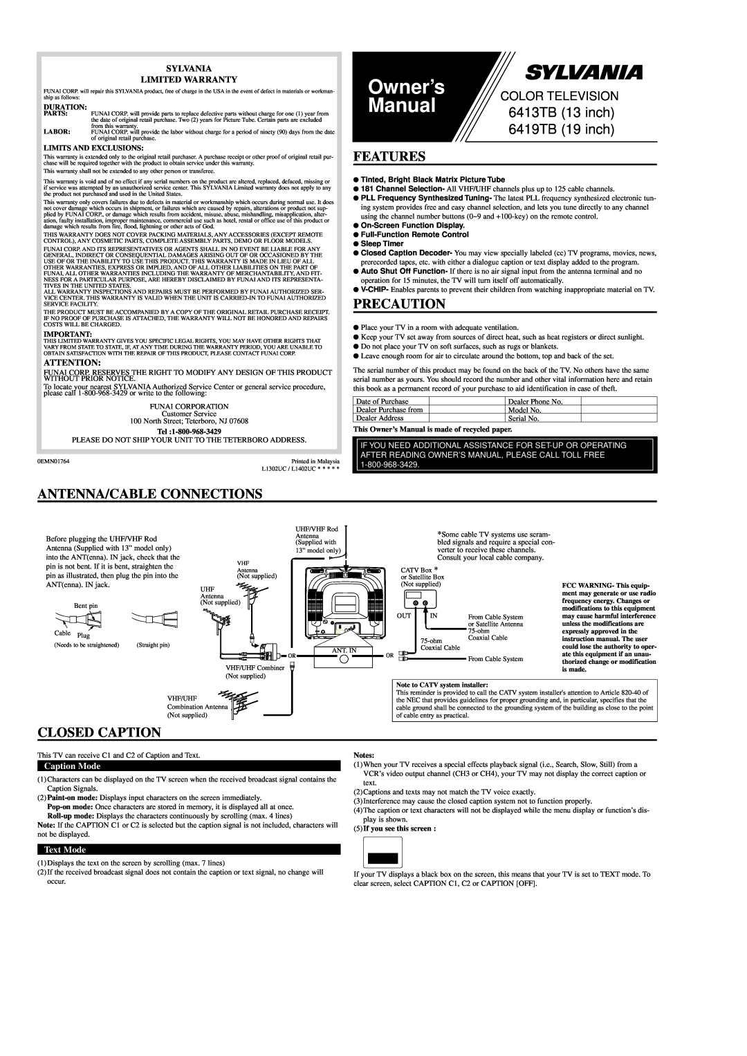 Sylvania 6413TB, 6419TB owner manual Features, Precaution, Antenna/Cable Connections, Closed Caption, Caption Mode, Manual 