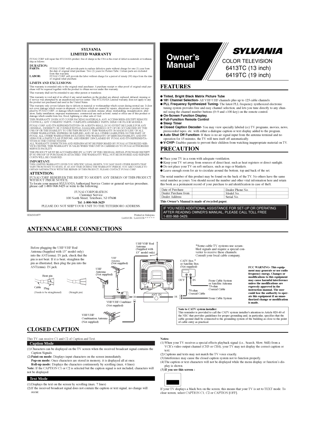 Sylvania 6413TC, 6419TC owner manual Features, Precaution, ANTENNA/CABLE Connections, Closed Caption 