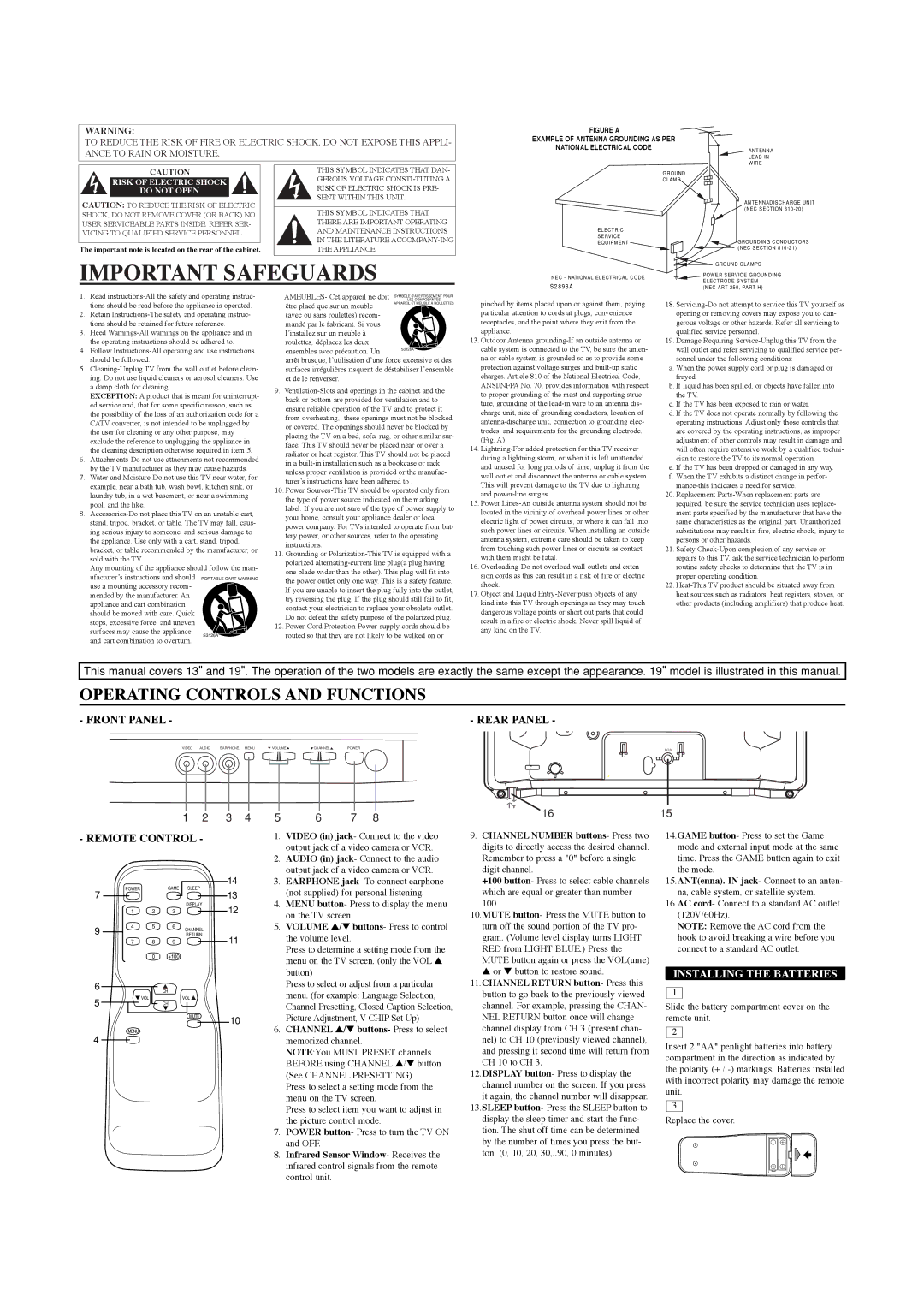 Sylvania 6413TC, 6419TC owner manual Operating Controls and Functions, Installing the Batteries 