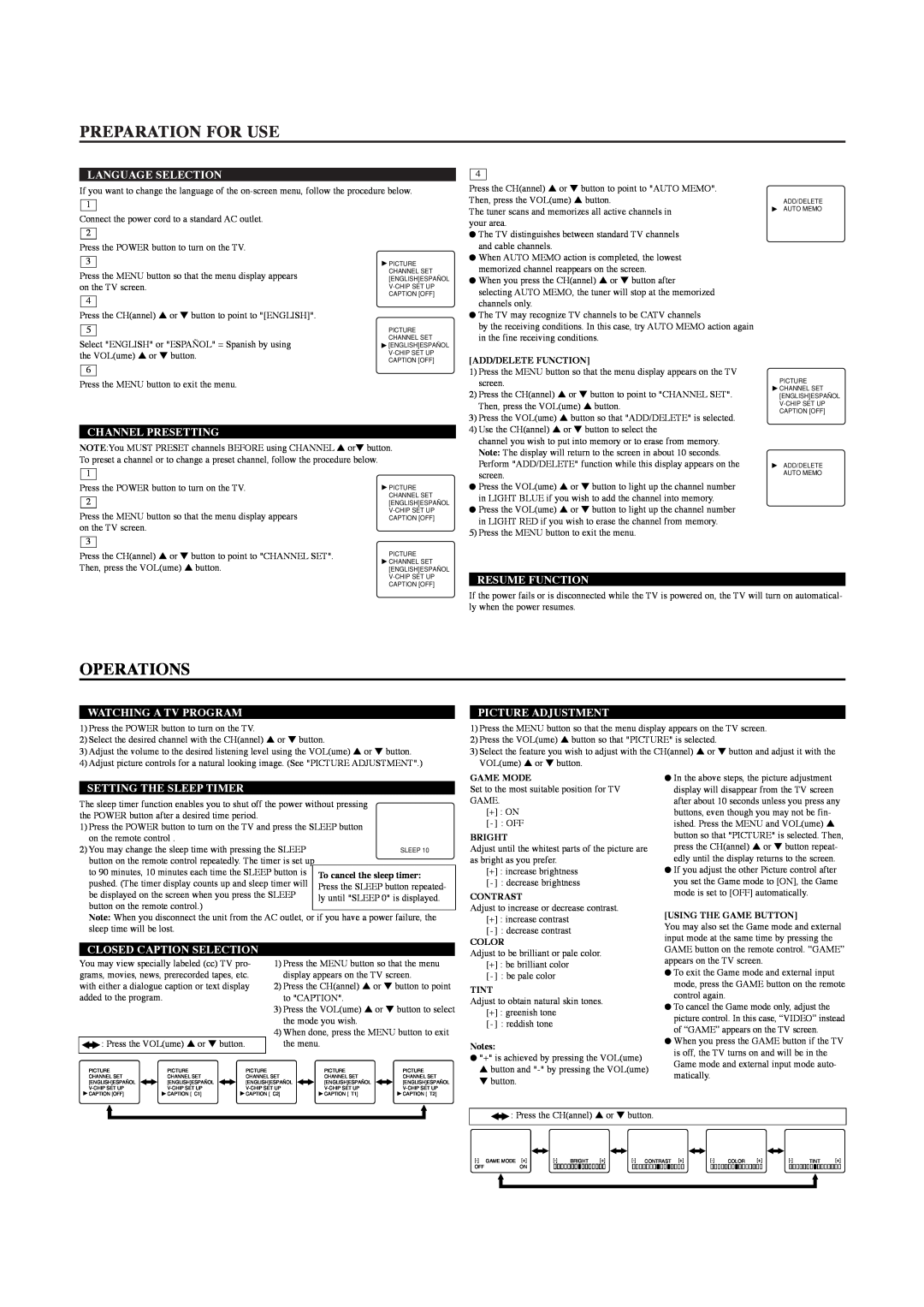 Sylvania 6413TC, 6419TC Preparation For Use, Operations, Language Selection, Channel Presetting, Resume Function 