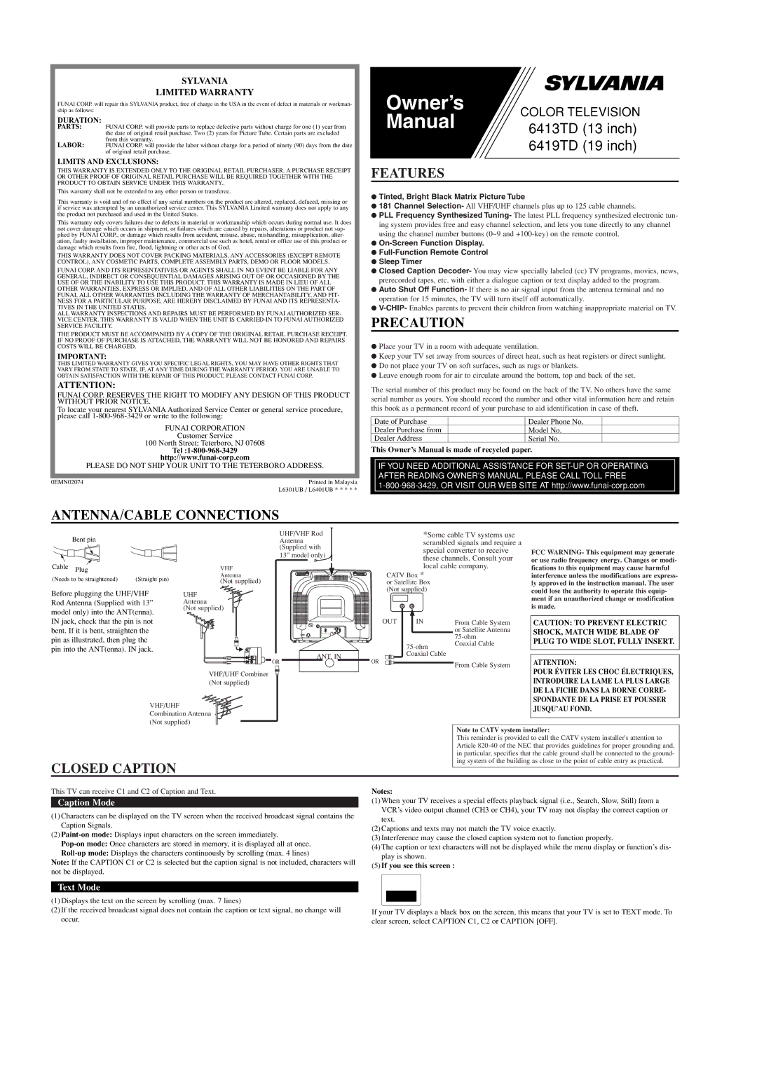 Sylvania 6413TD, 6419TD owner manual Features, Precaution, ANTENNA/CABLE Connections, Closed Caption 