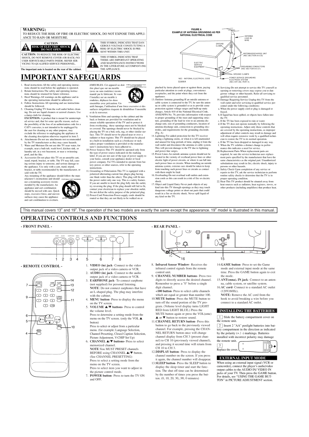 Sylvania 6413TD, 6419TD owner manual Operating Controls and Functions, Installing the Batteries, External Input Mode 