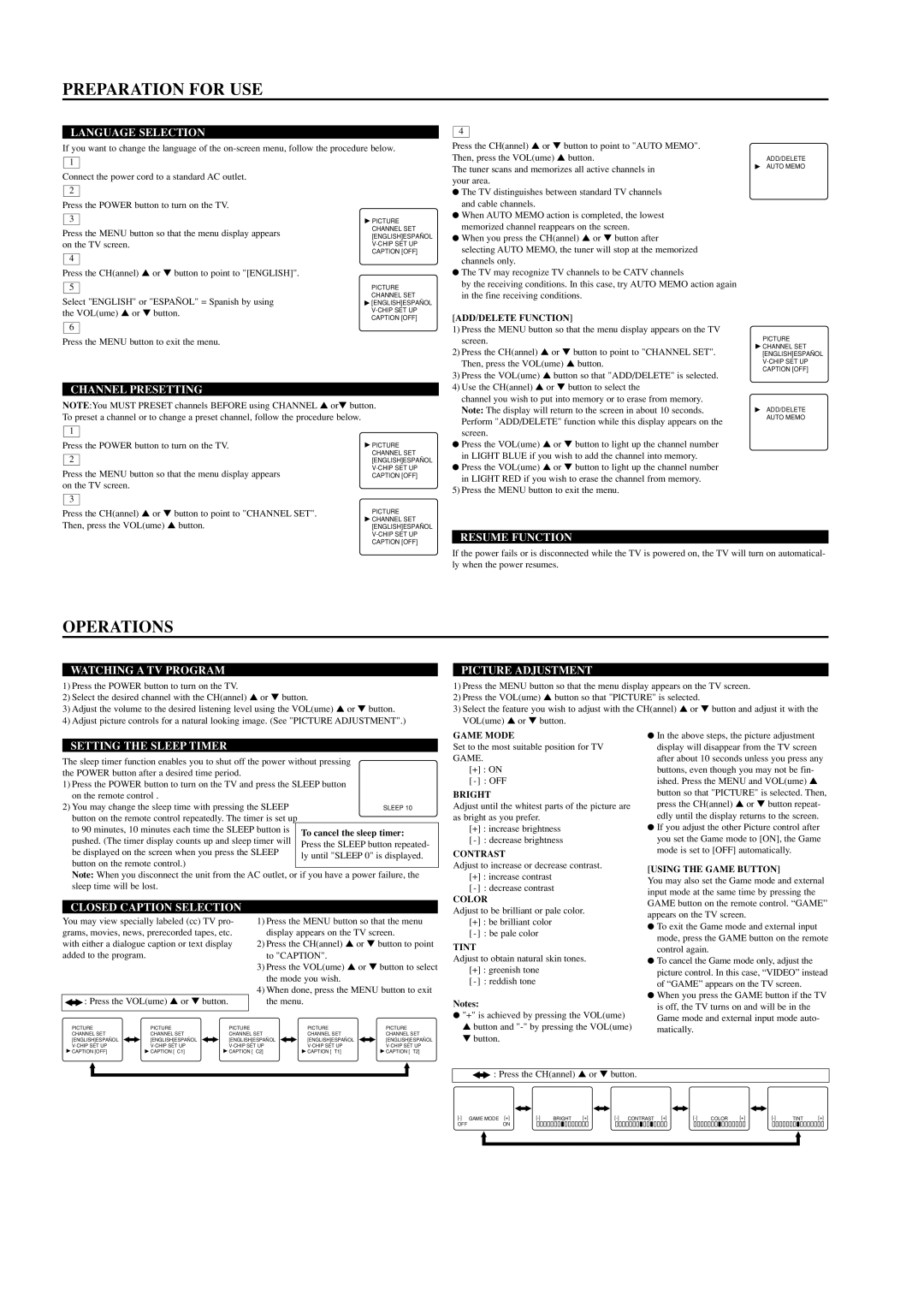 Sylvania 6413TD, 6419TD owner manual Preparation for USE, Operations 