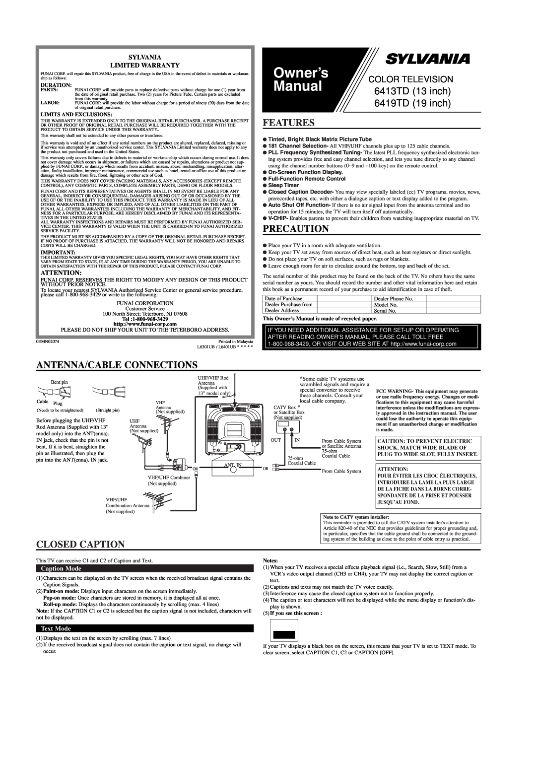 Sylvania 6413TD, 6419TD owner manual Features, Precaution, Antenna/Cable Connections, Closed Caption, Caption Mode, Manual 
