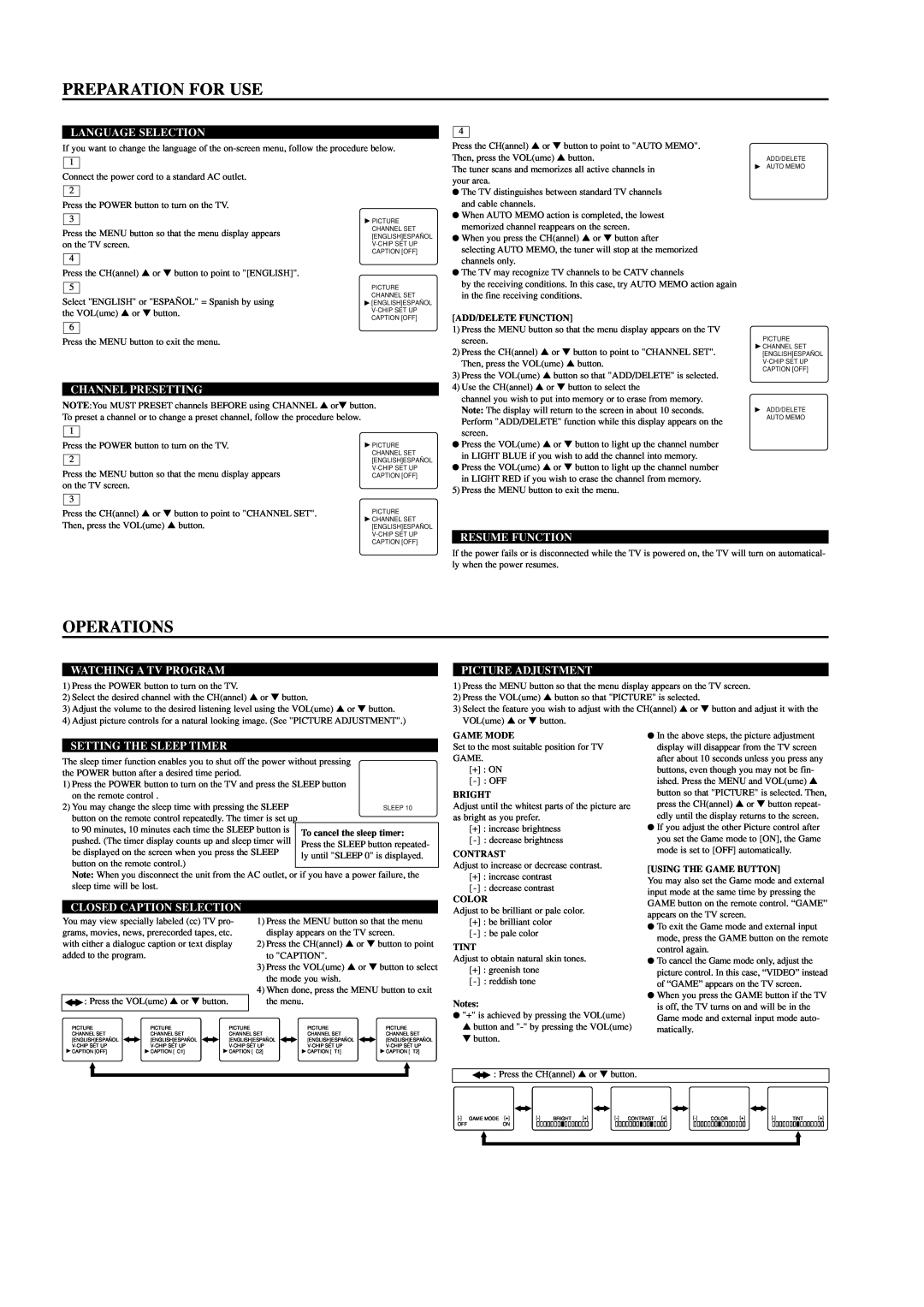 Sylvania 6413TD, 6419TD Preparation For Use, Operations, Language Selection, Channel Presetting, Resume Function, Bright 