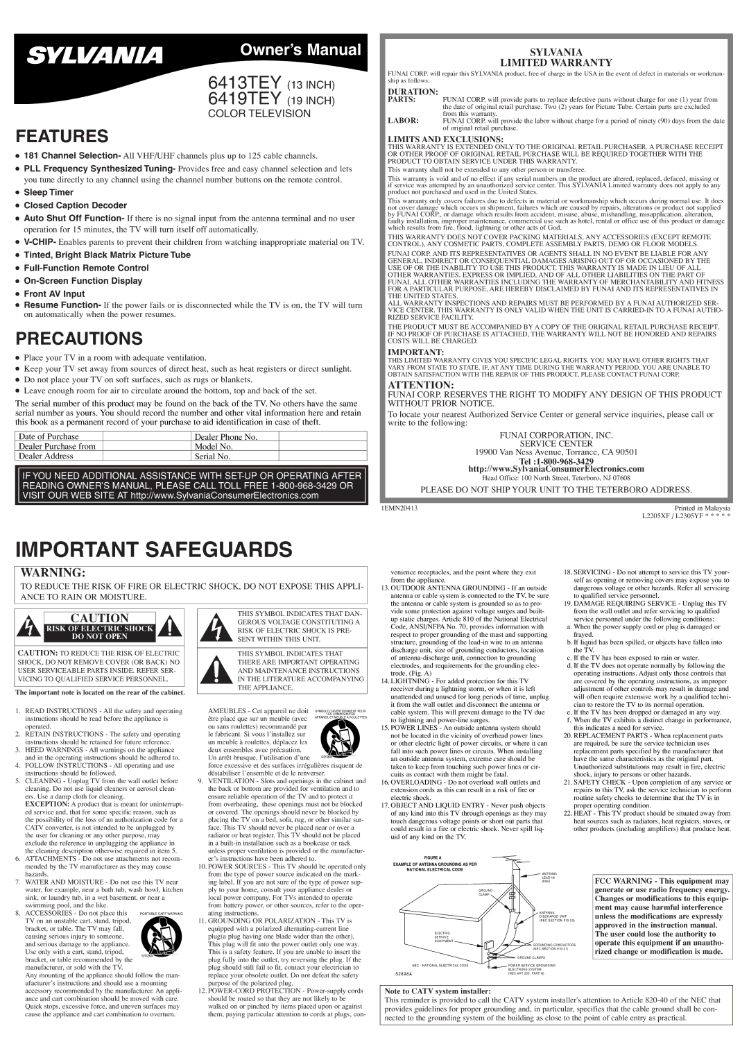 Sylvania 6413TEY, 6419TEY owner manual Features, Precautions, Sylvania Limited Warranty 