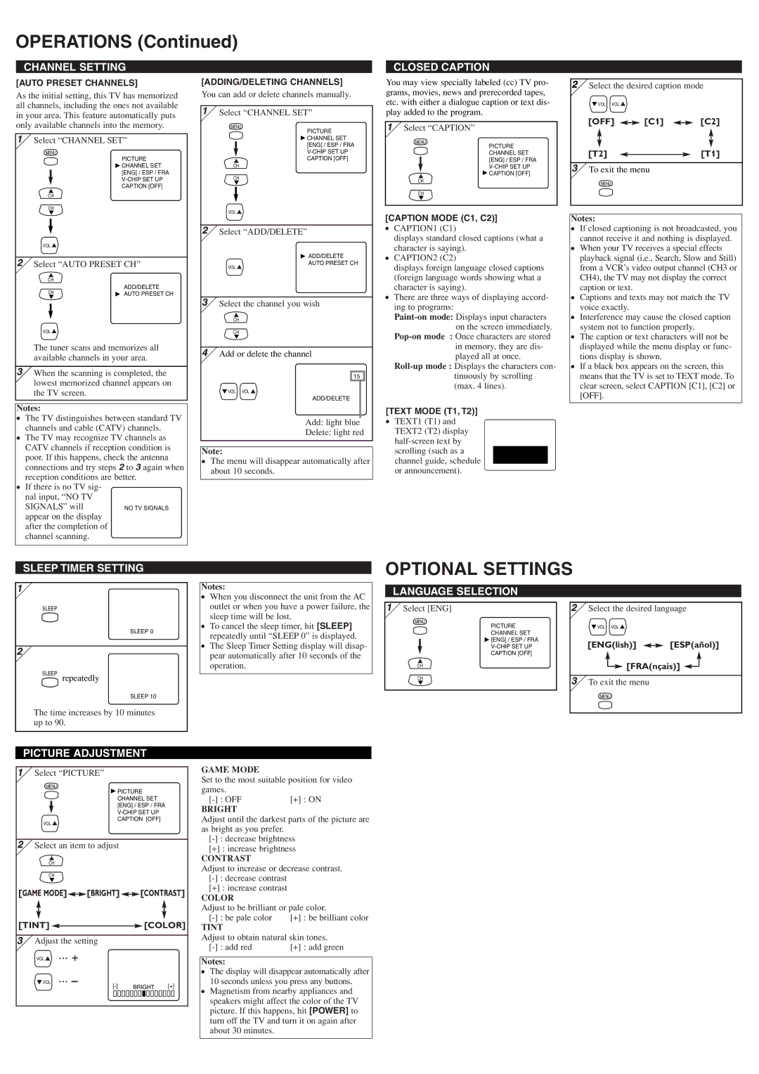 Sylvania 6413TEY, 6419TEY owner manual Operations, Optional Settings 