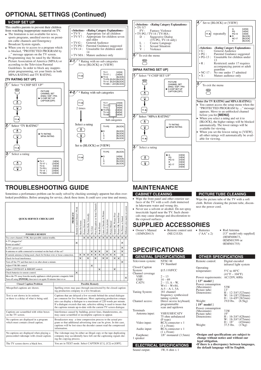 Sylvania 6413TEY, 6419TEY owner manual Optional Settings, Troubleshooting Guide, Maintenance 