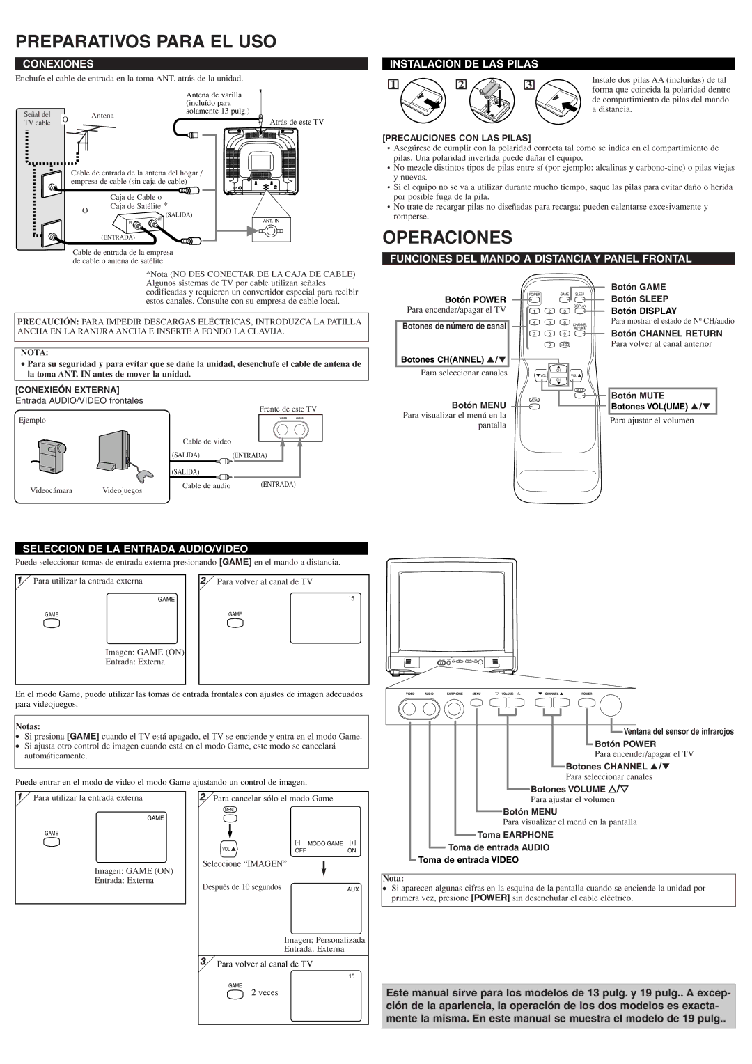 Sylvania 6413TEY, 6419TEY owner manual Preparativos Para EL USO, Operaciones 