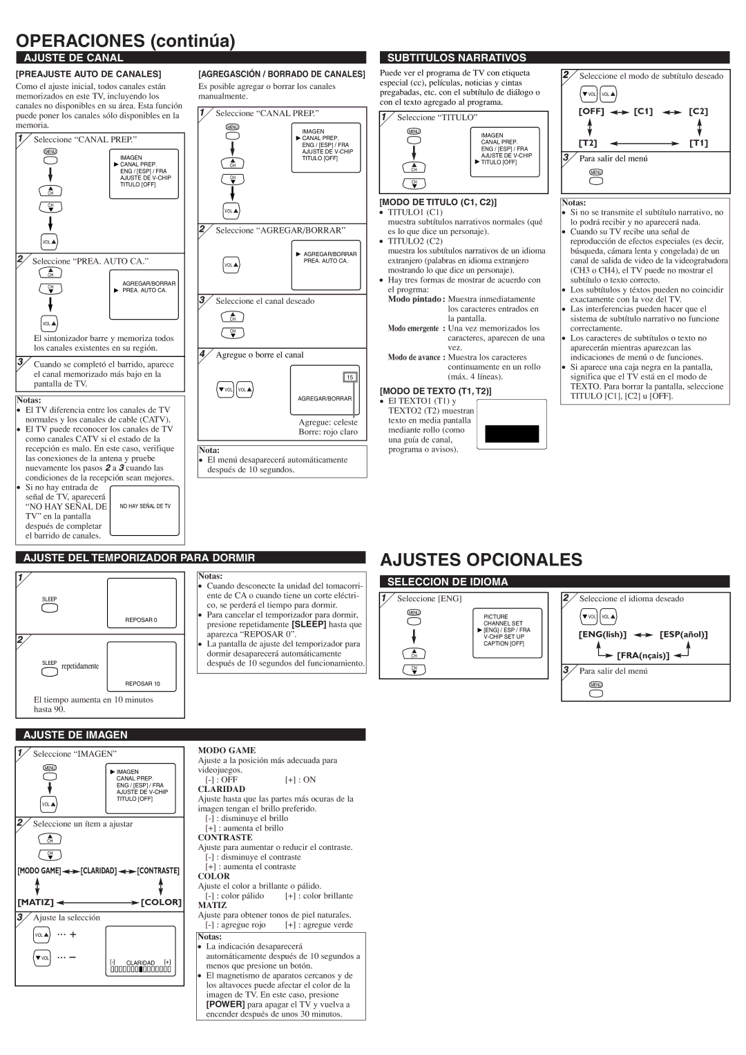 Sylvania 6413TEY, 6419TEY owner manual Operaciones continúa, Ajustes Opcionales 