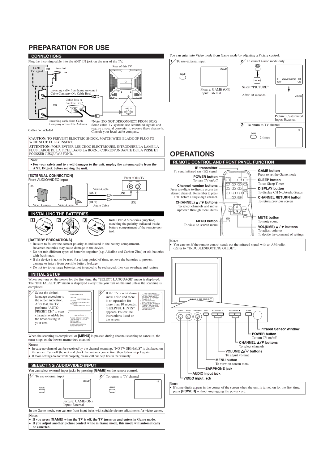 Sylvania 6414FG owner manual Preparation for USE, Operations 