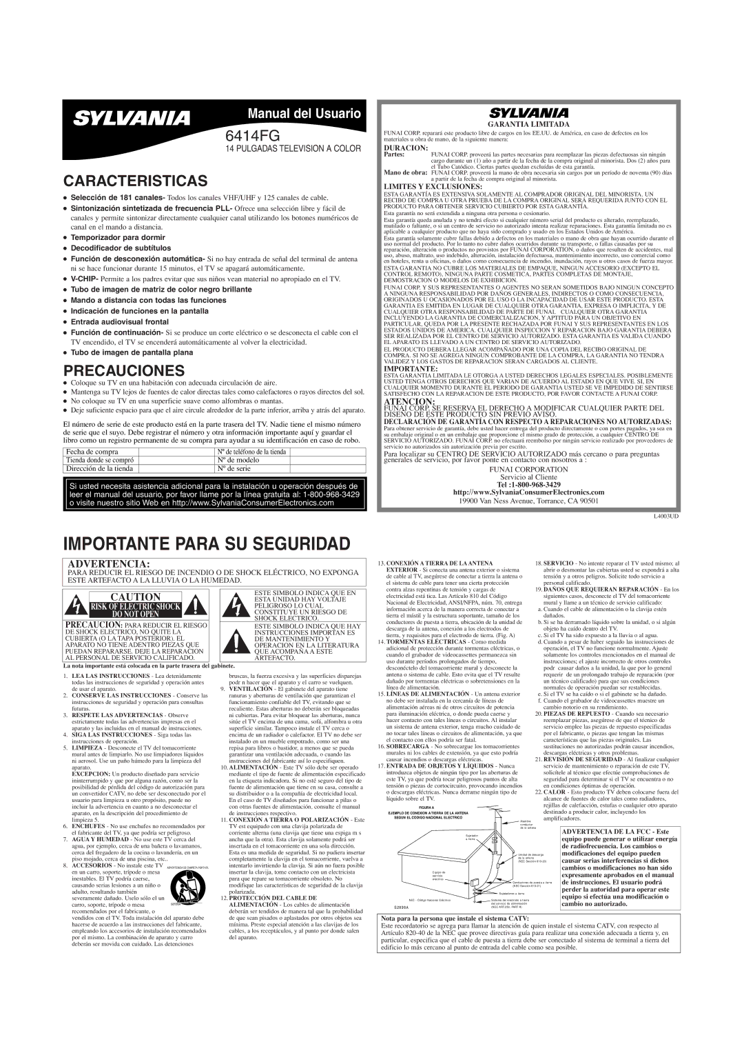 Sylvania 6414FG owner manual Caracteristicas, Precauciones, Atencion, Tubo de imagen de pantalla plana 