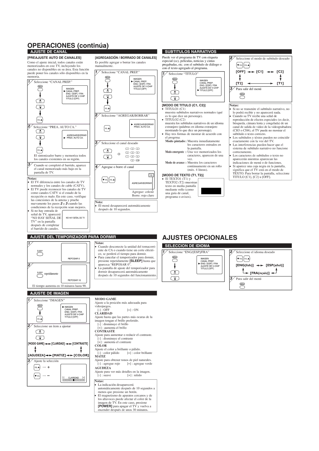 Sylvania 6414FG owner manual Operaciones continúa, Ajustes Opcionales 