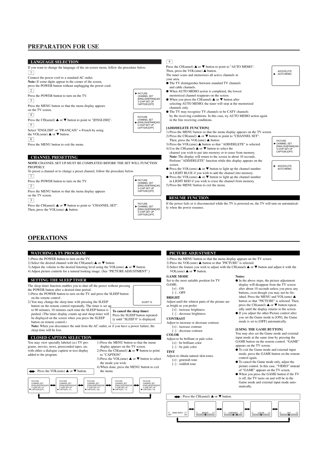 Sylvania 6419CTB owner manual Preparation for USE, Operations 