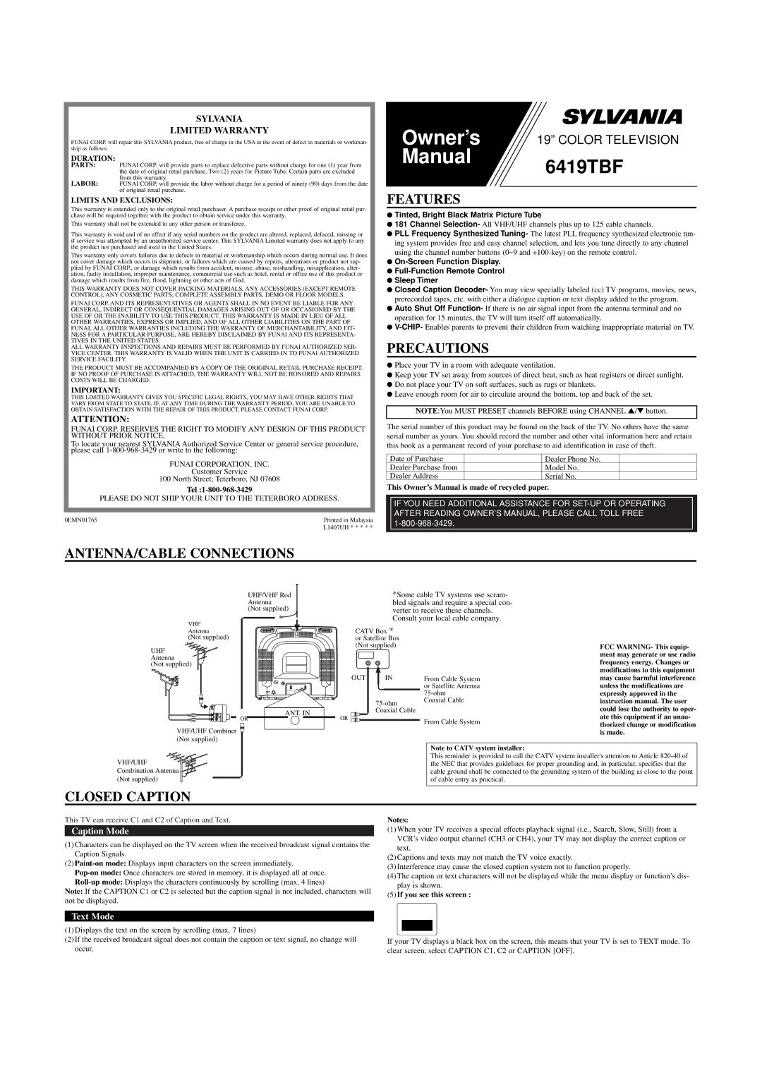 Sylvania 6419TBF owner manual Features, Precautions, ANTENNA/CABLE Connections, Closed Caption, Sylvania Limited Warranty 