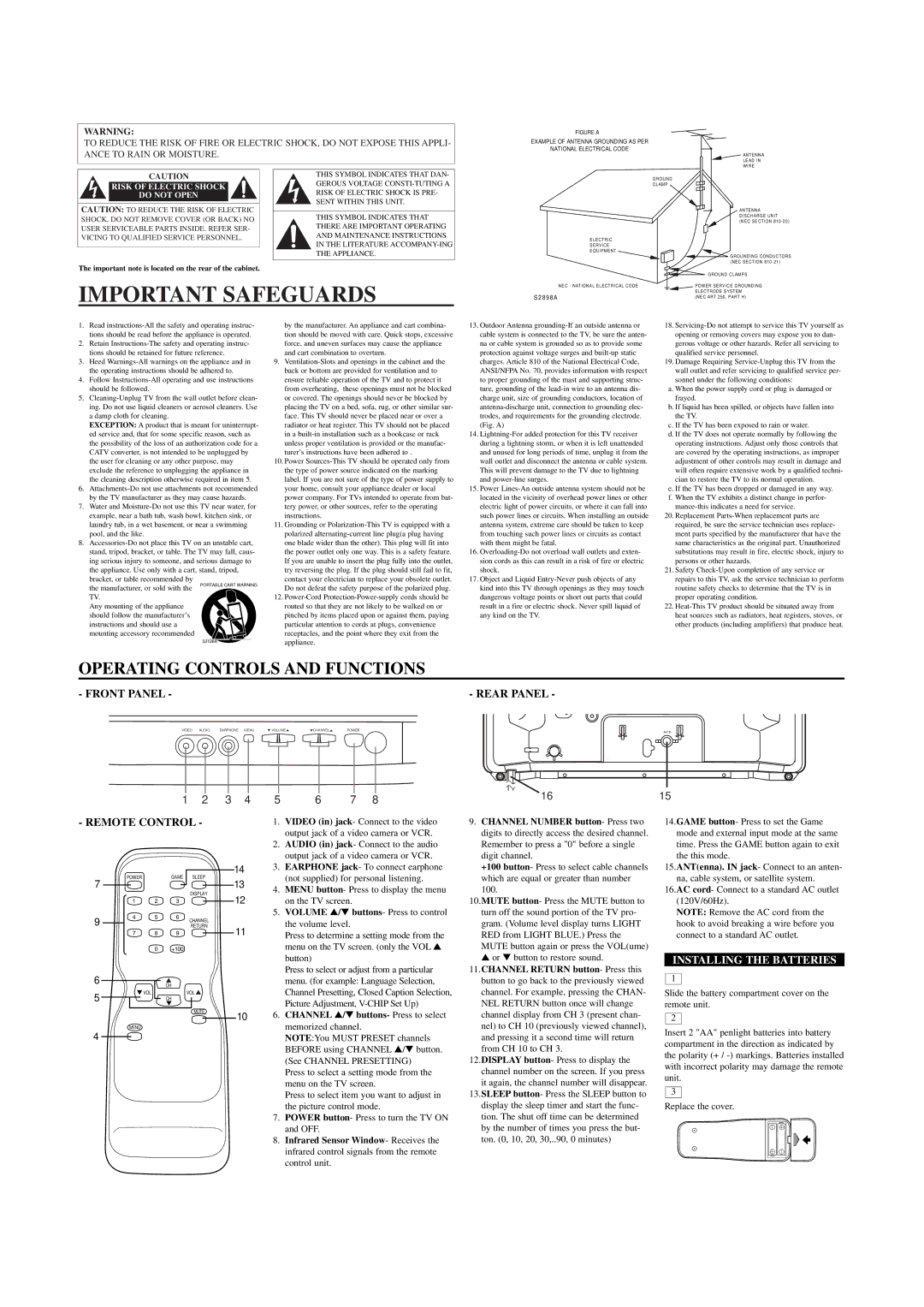 Sylvania 6419TBF Important Safeguards, Operating Controls and Functions, Front Panel Rear Panel, Remote Control 