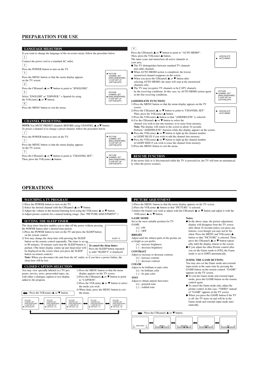 Sylvania 6419TBF owner manual Preparation for USE, Operations 