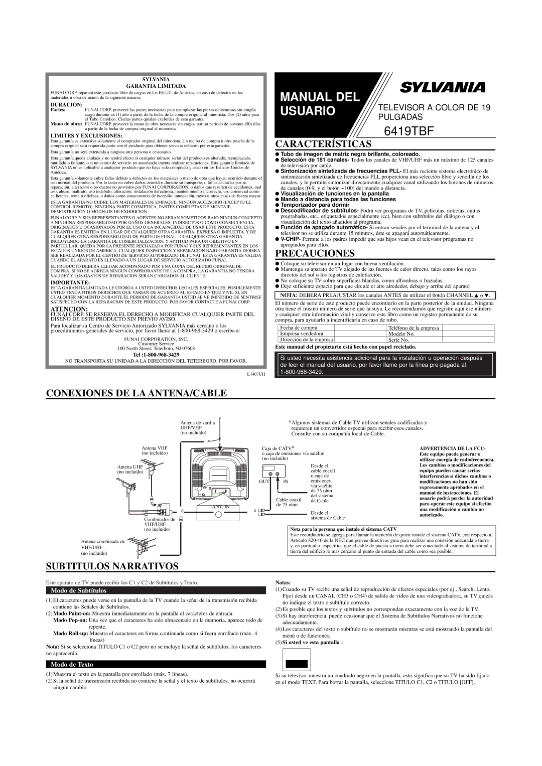 Sylvania 6419TBF owner manual Características, Precauciones, Conexiones DE LA ANTENA/CABLE, Subtitulos Narrativos, Atencion 