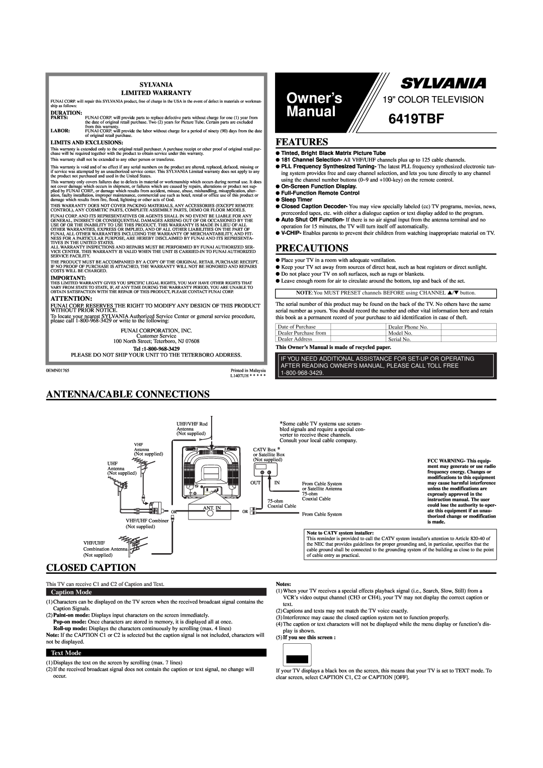 Sylvania 6419TBF owner manual Features, Precautions, Antenna/Cable Connections, Closed Caption, Sylvania Limited Warranty 
