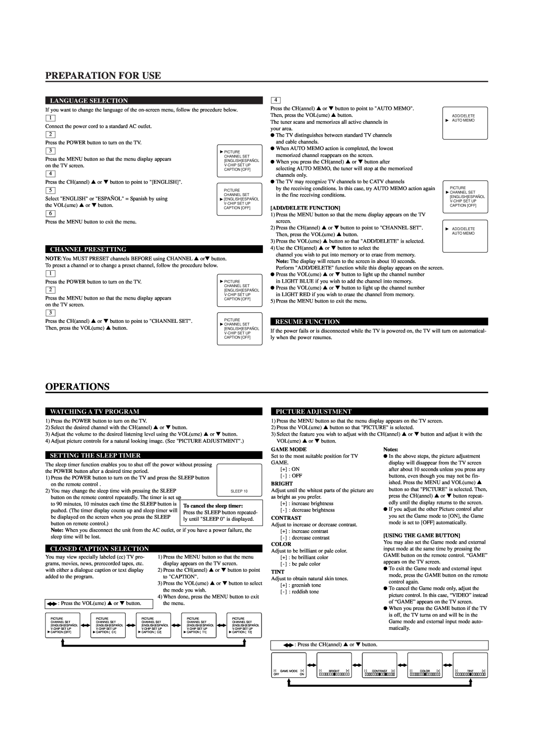 Sylvania 6419TBF Preparation For Use, Operations, Language Selection, Channel Presetting, Resume Function, Game Mode, Tint 