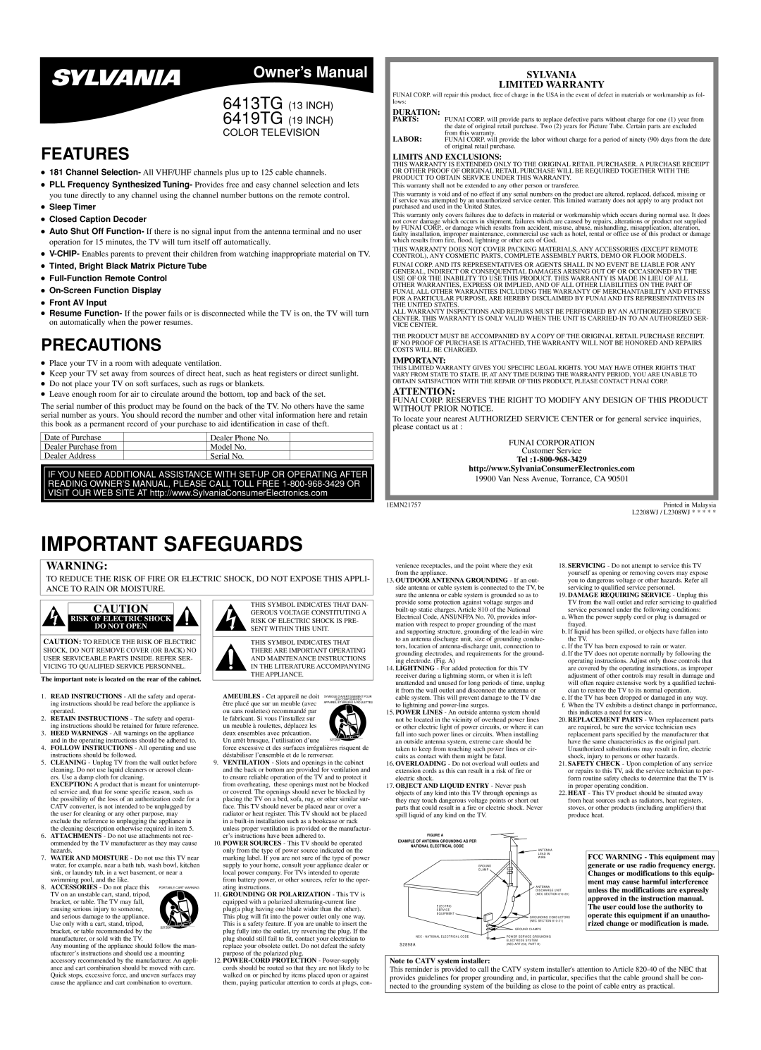 Sylvania 6419TG owner manual Features, Precautions, Sylvania Limited Warranty, Sleep Timer Closed Caption Decoder 