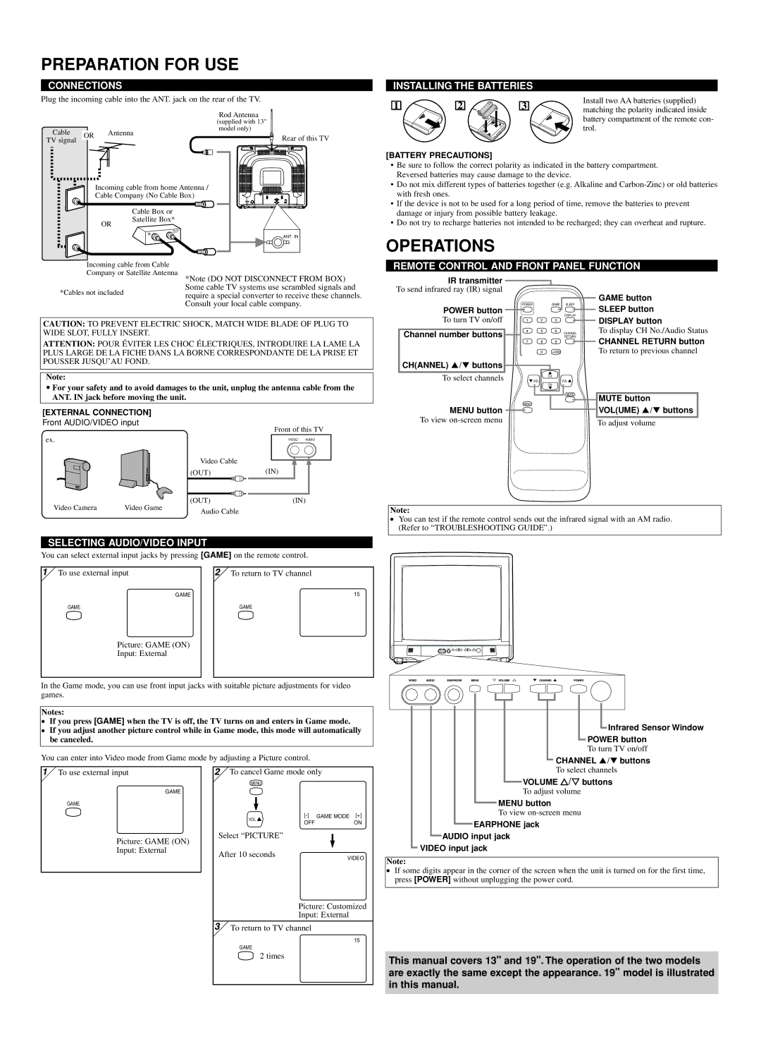 Sylvania 6419TG owner manual Preparation for USE, Operations 