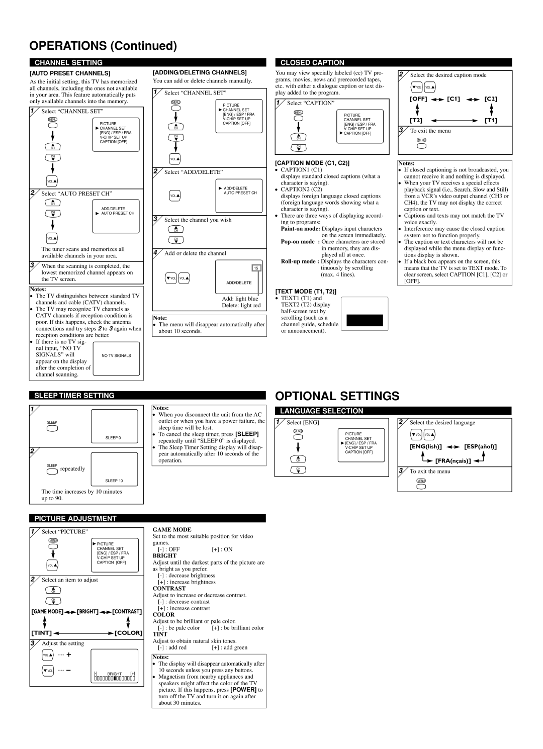 Sylvania 6419TG owner manual Operations, Optional Settings 