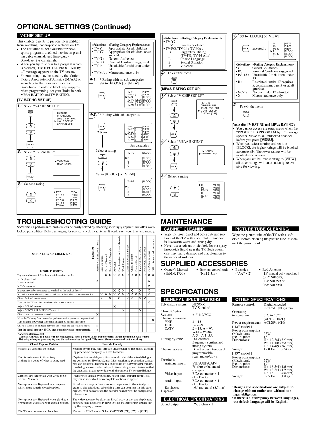 Sylvania 6419TG owner manual Optional Settings, Troubleshooting Guide, Maintenance 