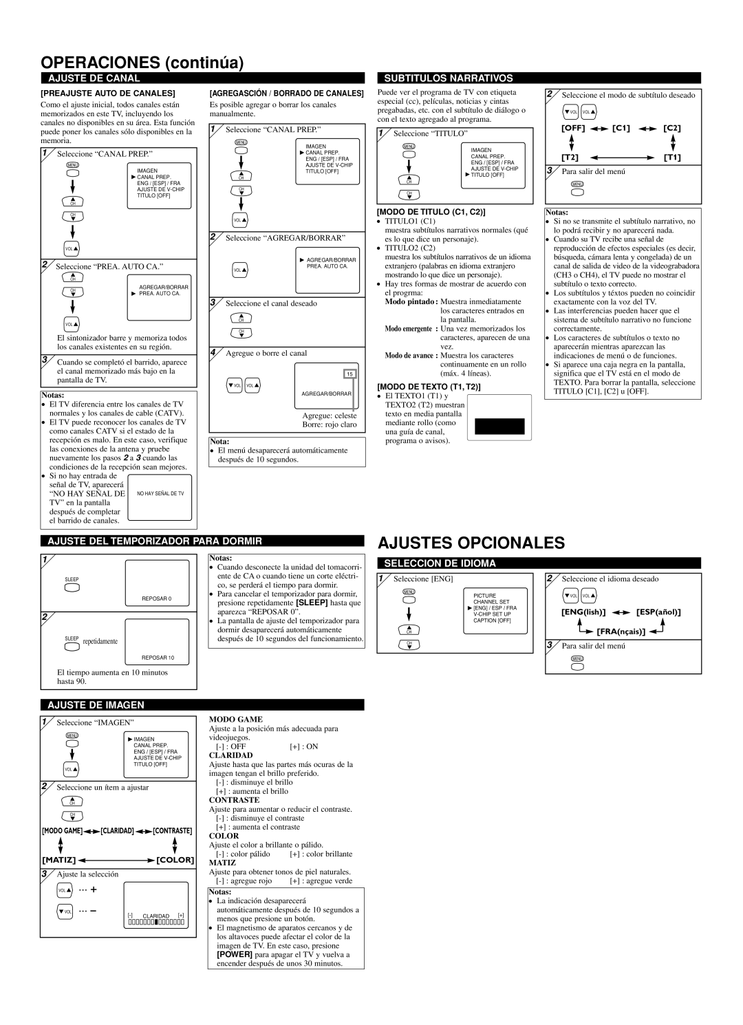 Sylvania 6419TG owner manual Operaciones continúa, Ajustes Opcionales 