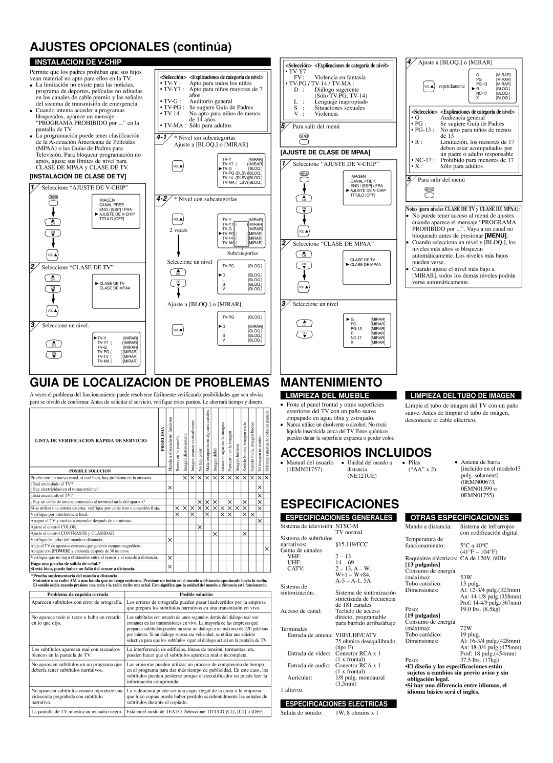 Sylvania 6419TG owner manual Ajustes Opcionales continúa, Guia DE Localizacion DE Problemas, Especificaciones 