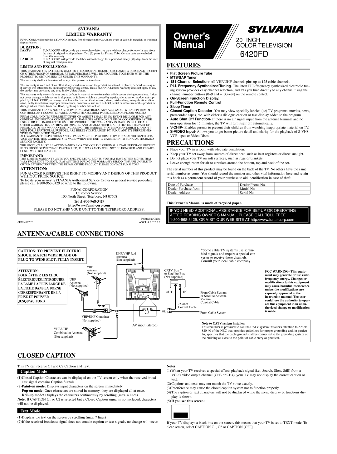 Sylvania 6420FD owner manual Features, Precautions, ANTENNA/CABLE Connections, Closed Caption 