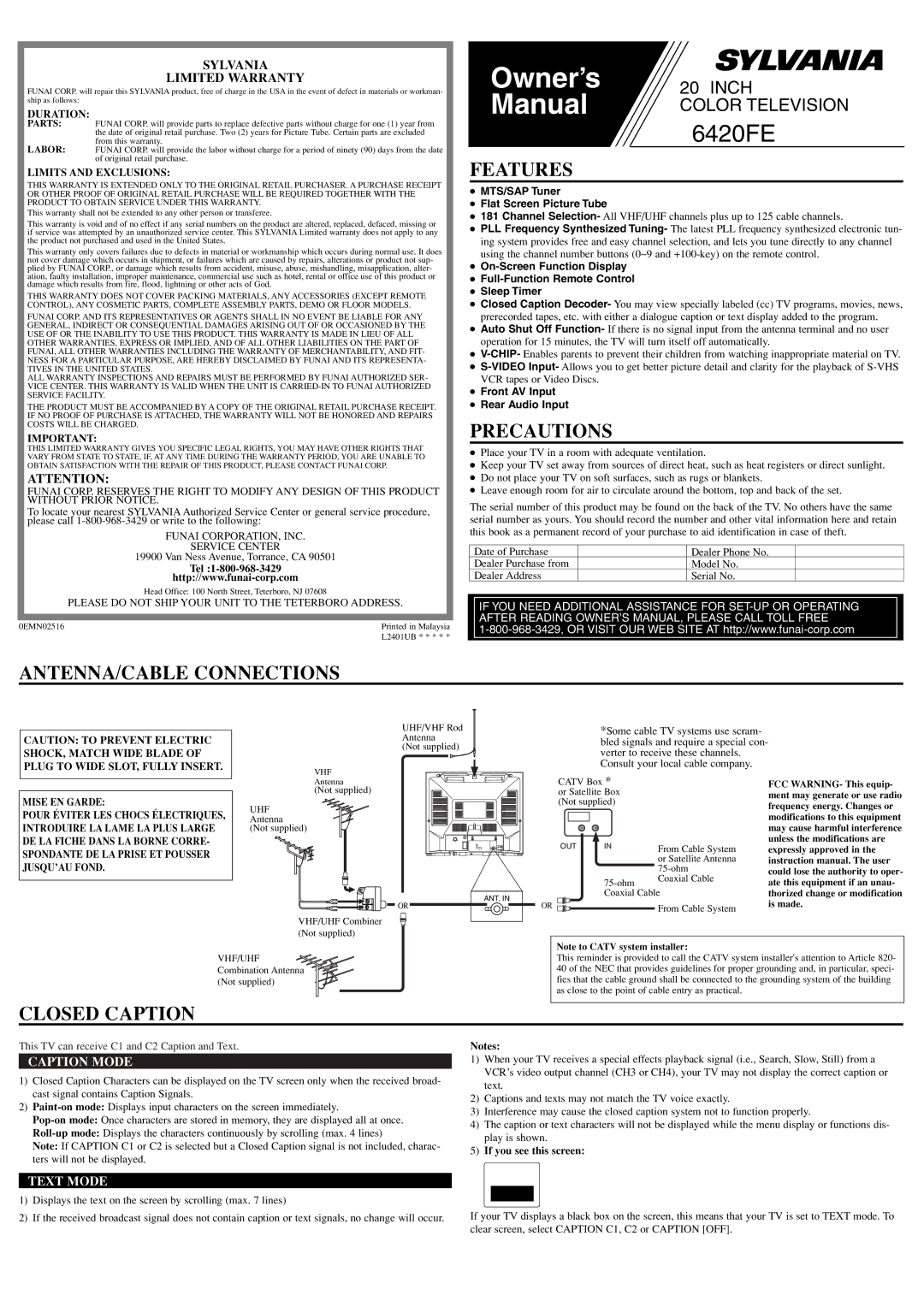 Sylvania 6420FE owner manual Features, Precautions, ANTENNA/CABLE Connections, Closed Caption 