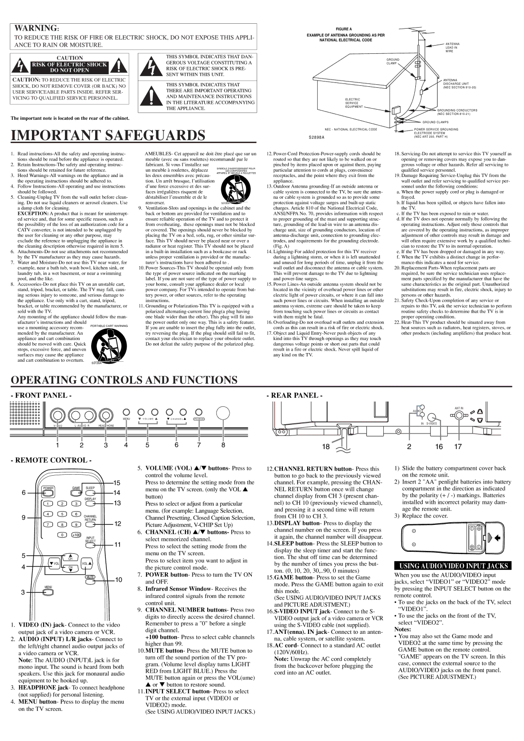 Sylvania 6420FE Important Safeguards, Rear Panel, Remote Control, Installing the Batteries, Using AUDIO/VIDEO Input Jacks 