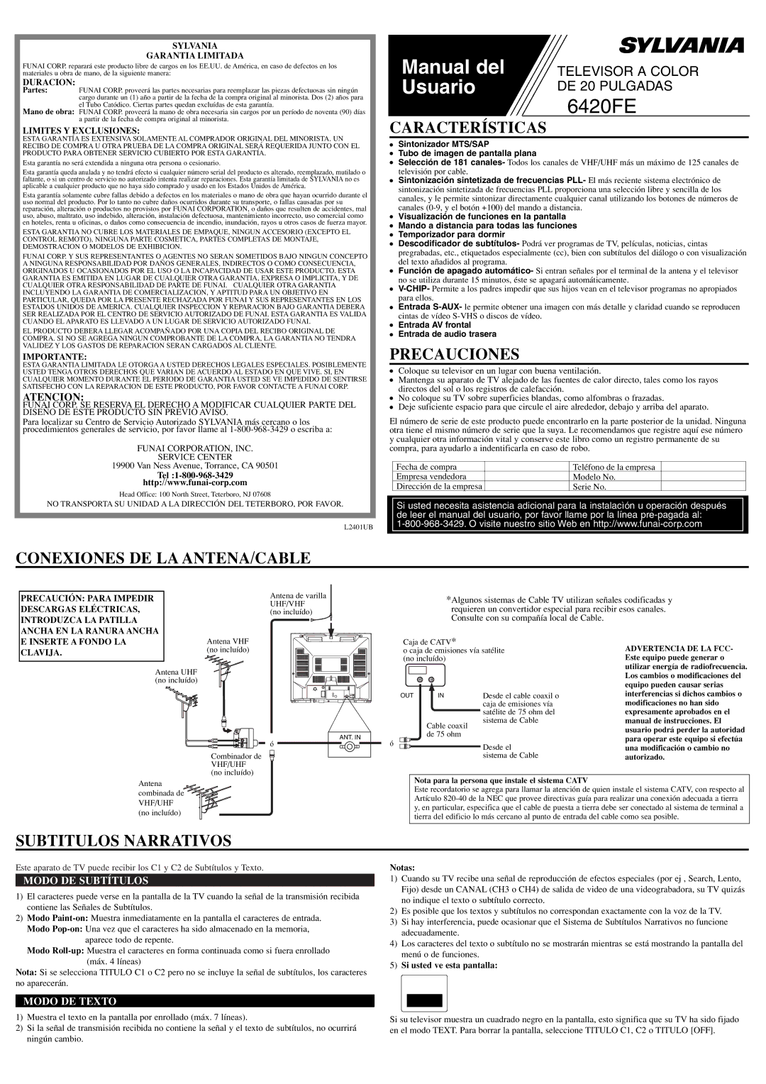 Sylvania 6420FE owner manual Características, Precauciones, Conexiones DE LA ANTENA/CABLE, Subtitulos Narrativos 