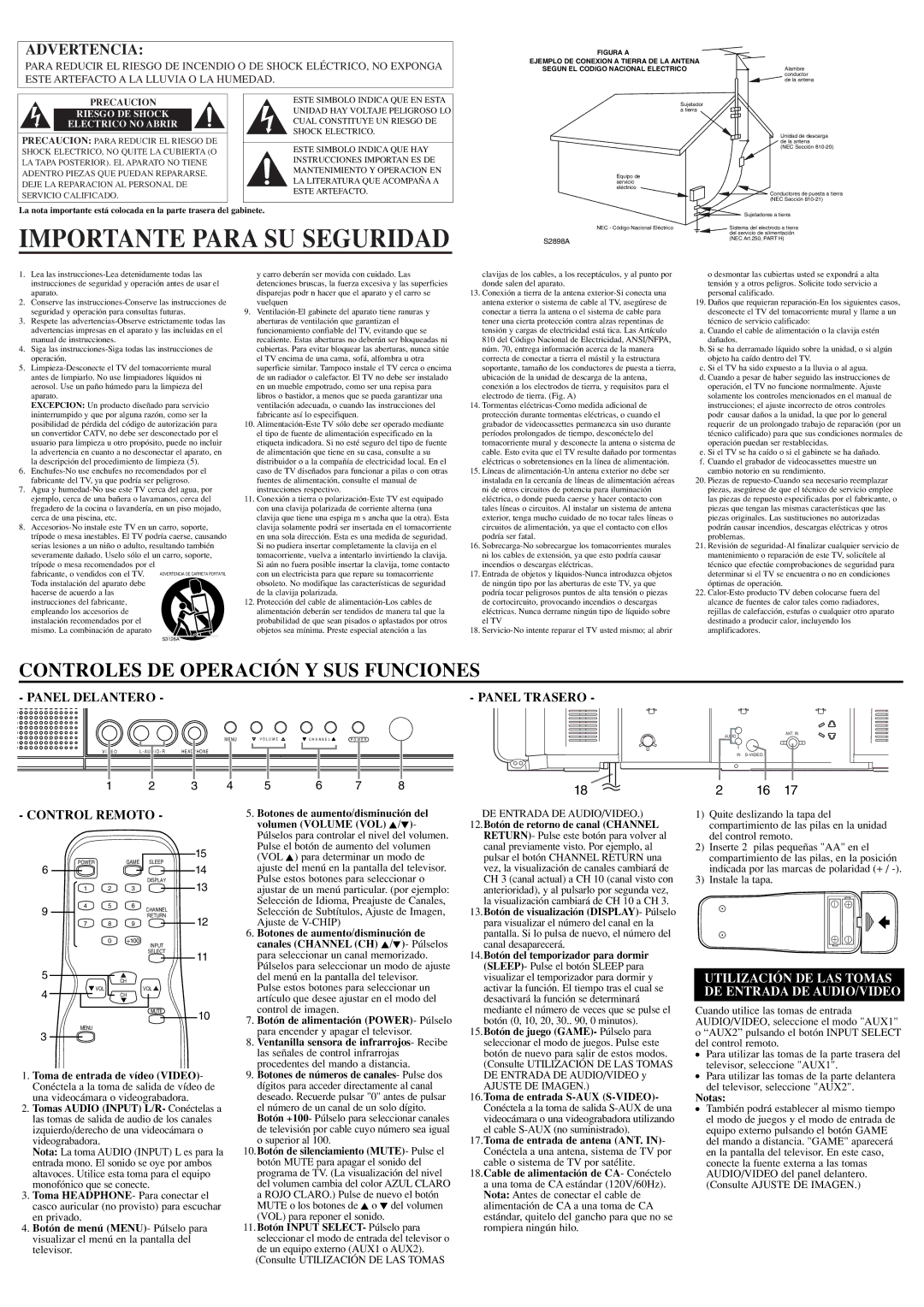 Sylvania 6420FE owner manual Importante Para SU Seguridad, Panel Trasero, Control Remoto, Instalacion DE LAS Pilas 