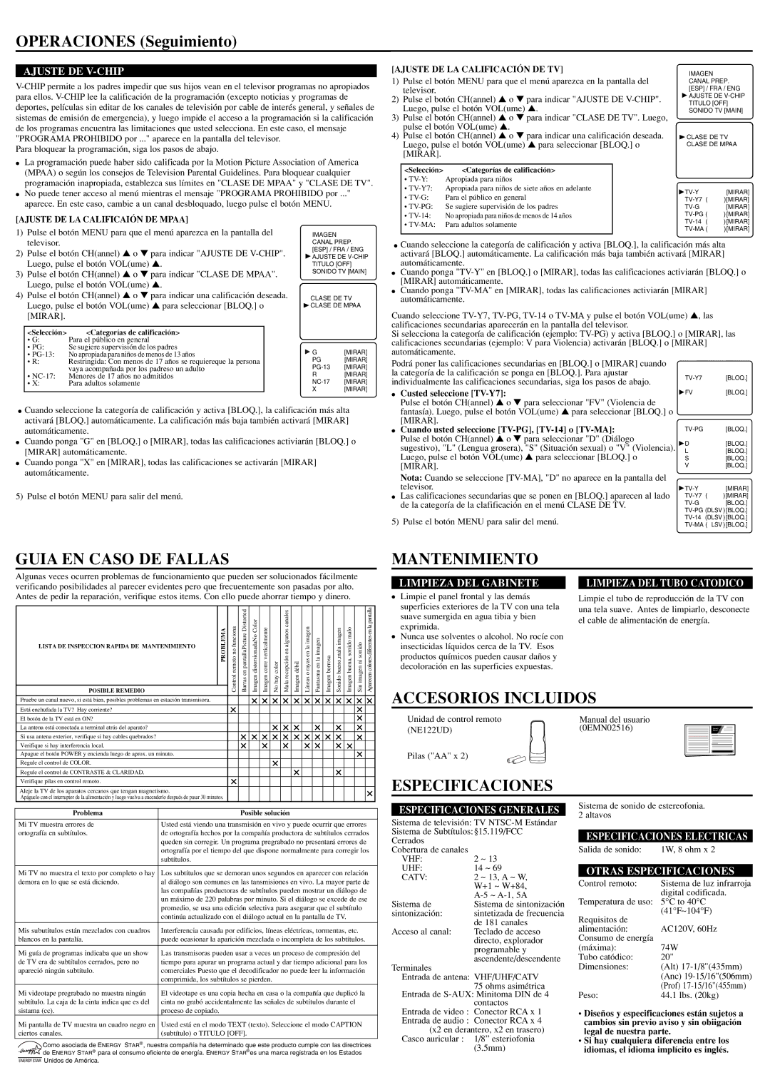 Sylvania 6420FE Operaciones Seguimiento, Guia EN Caso DE Fallas, Mantenimiento, Accesorios Incluidos, Especificaciones 