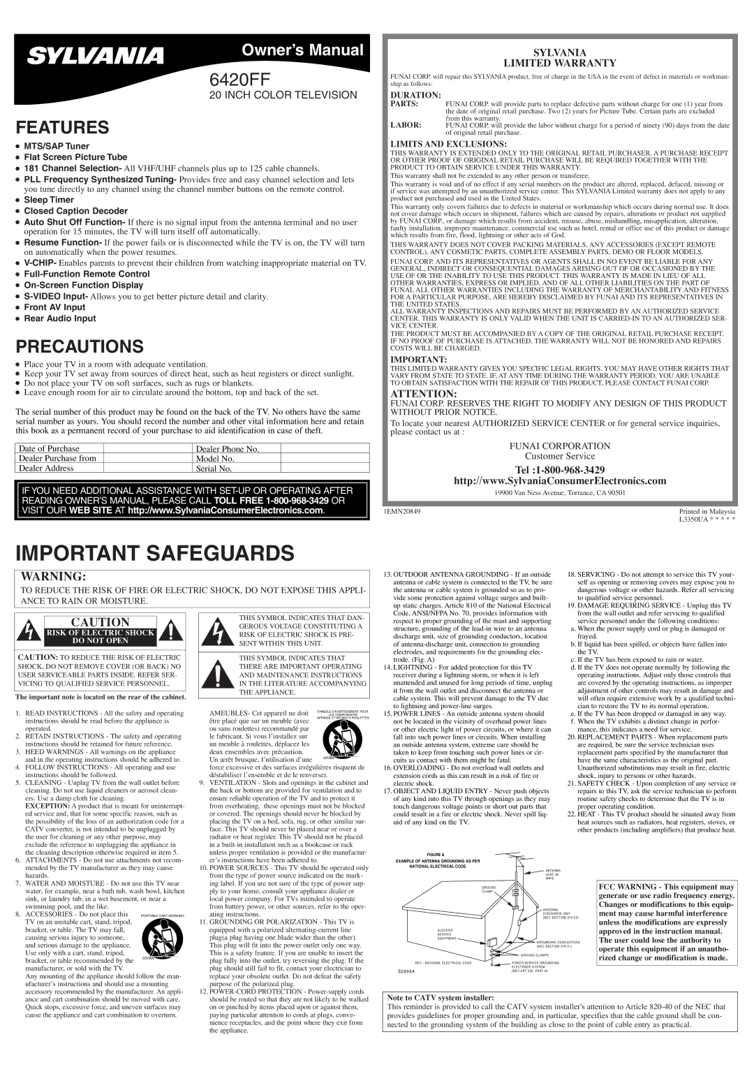 Sylvania 6420FF owner manual Features, Precautions, Sylvania Limited Warranty 