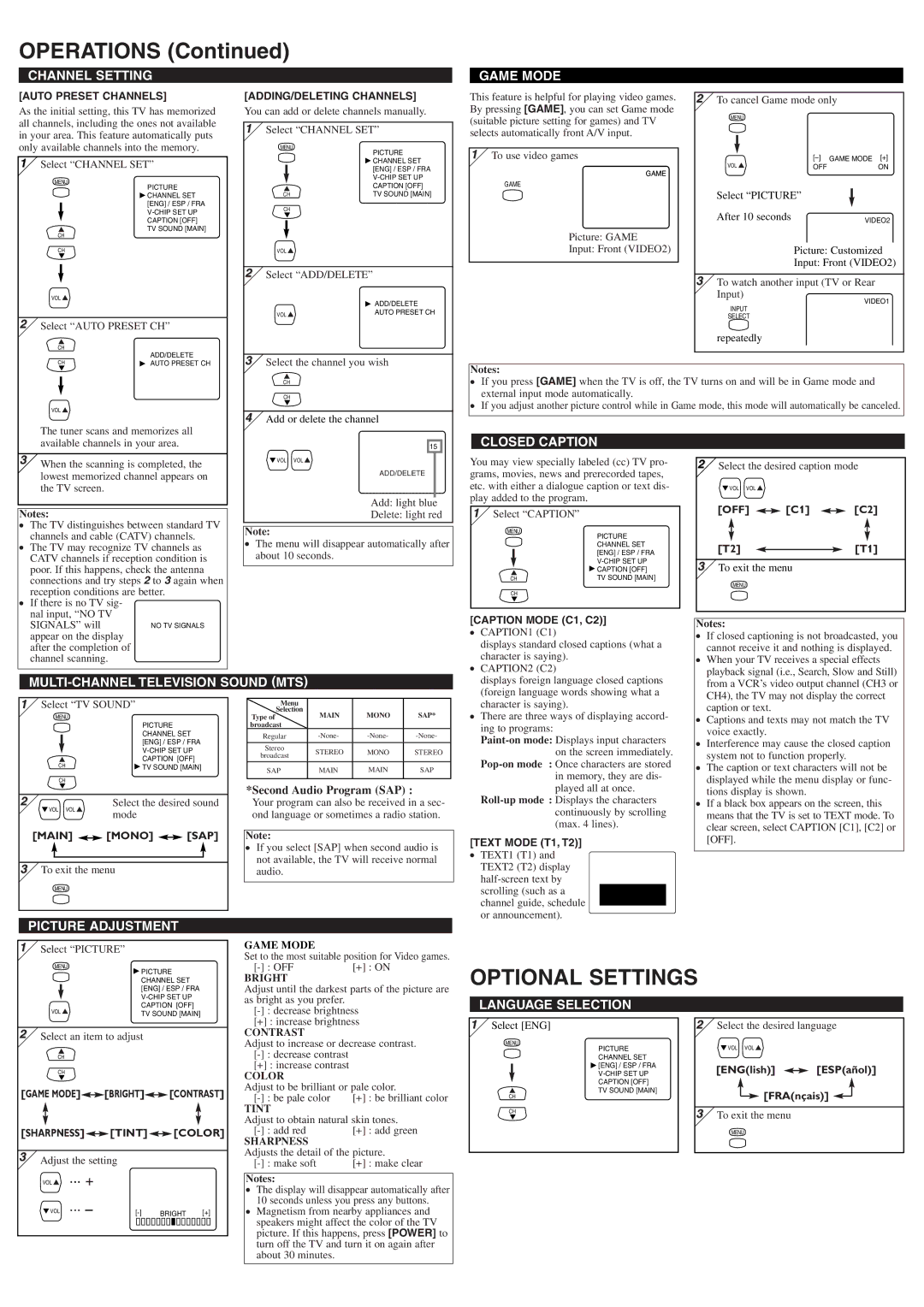 Sylvania 6420FF owner manual Operations, Optional Settings 