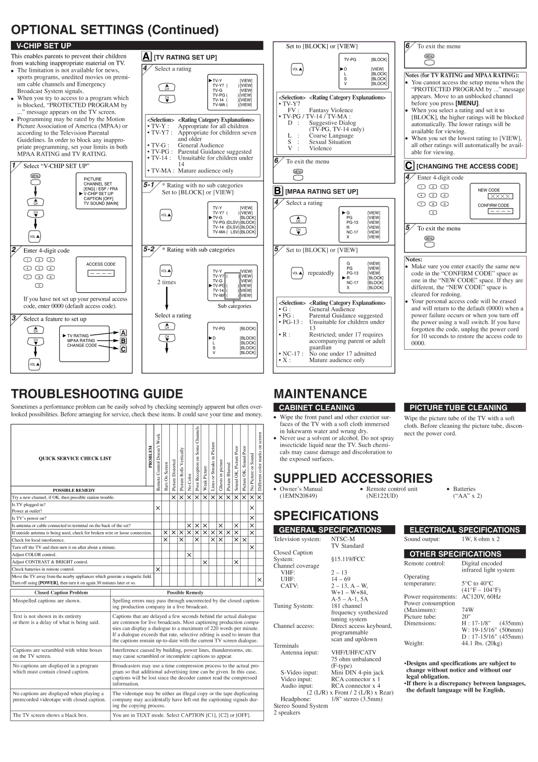 Sylvania 6420FF owner manual Optional Settings, Troubleshooting Guide, Maintenance, Specifications 